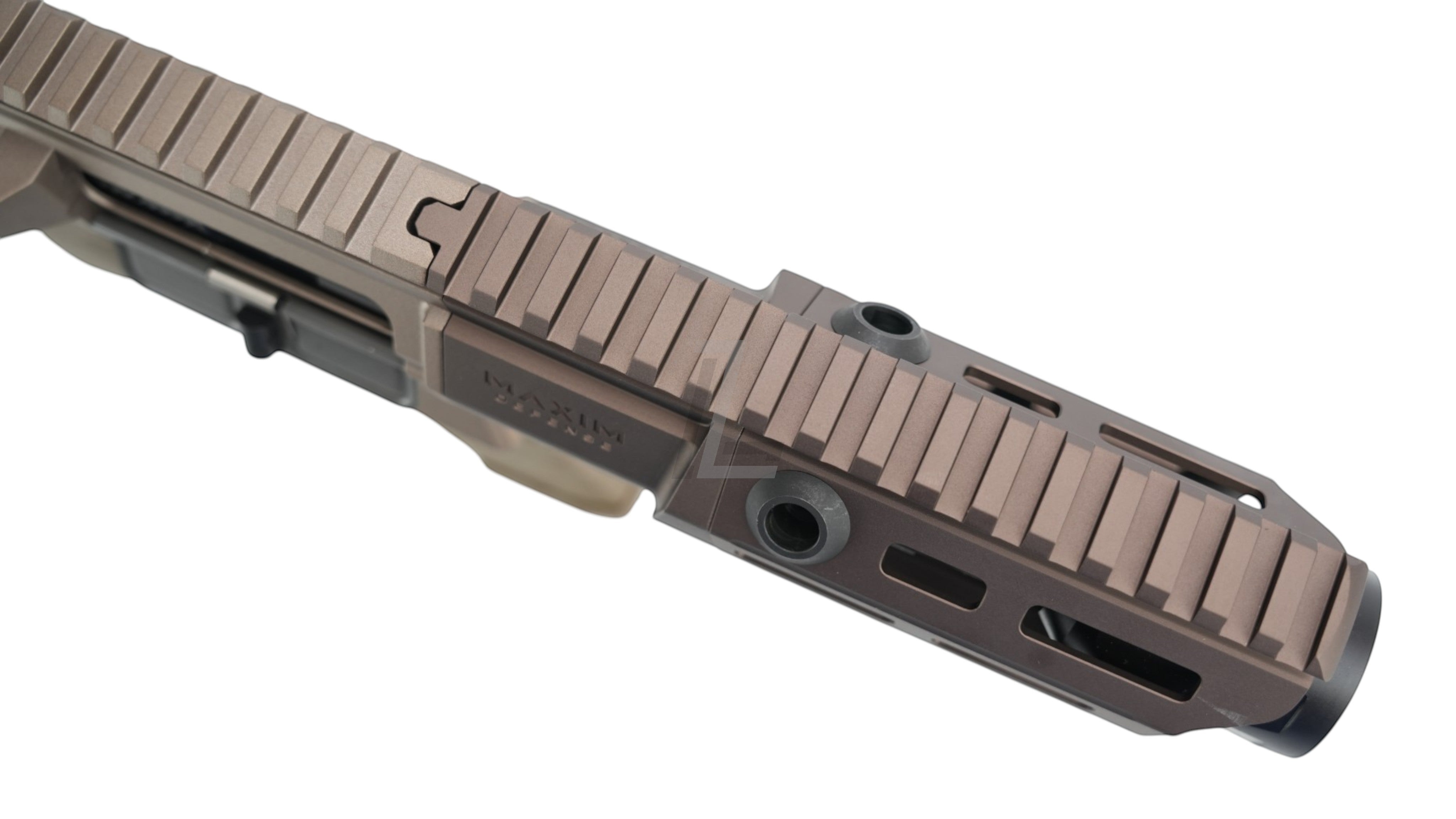 Landing Zone VFC PDX SBR GBB airsoft rifle upper receiver in FDE with Maxim Defense branding and top rail system.