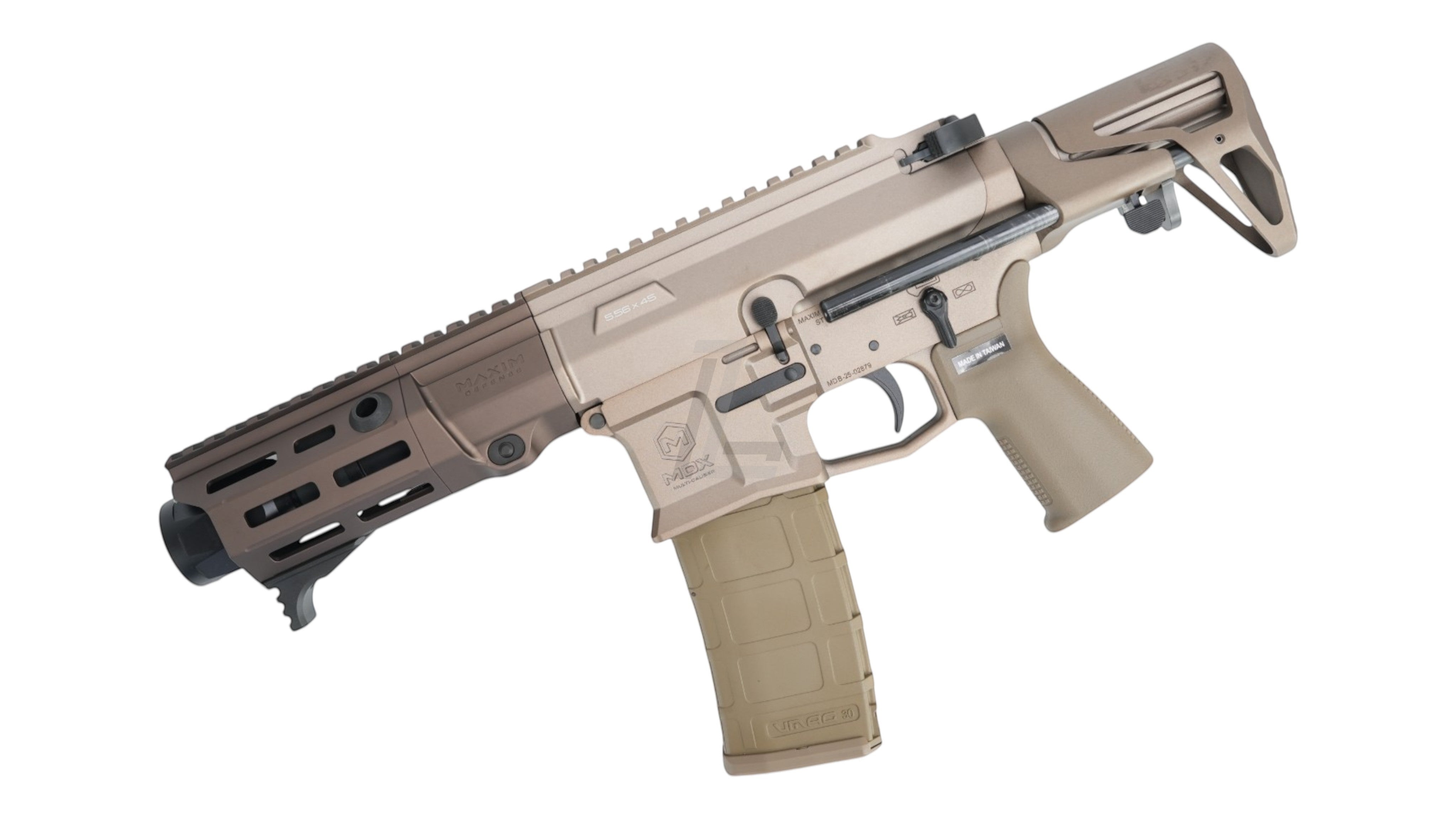 Landing Zone VFC Maxim Defense PDX SBR GBB airsoft rifle in FDE finish with compact stock and modular handguard