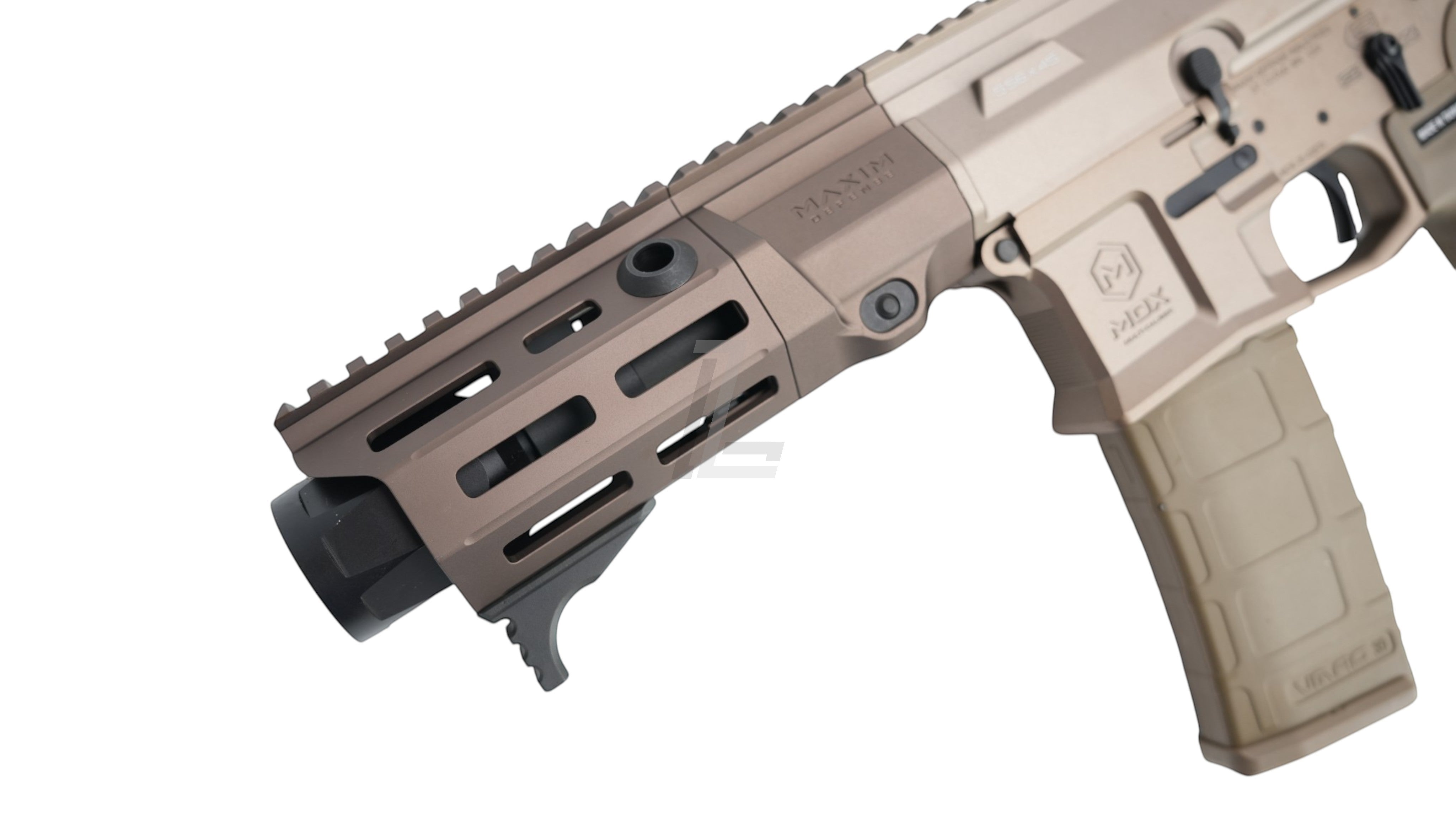 Landing Zone VFC PDX SBR GBB airsoft rifle in FDE featuring Maxim Defense licensed handguard and receiver details.