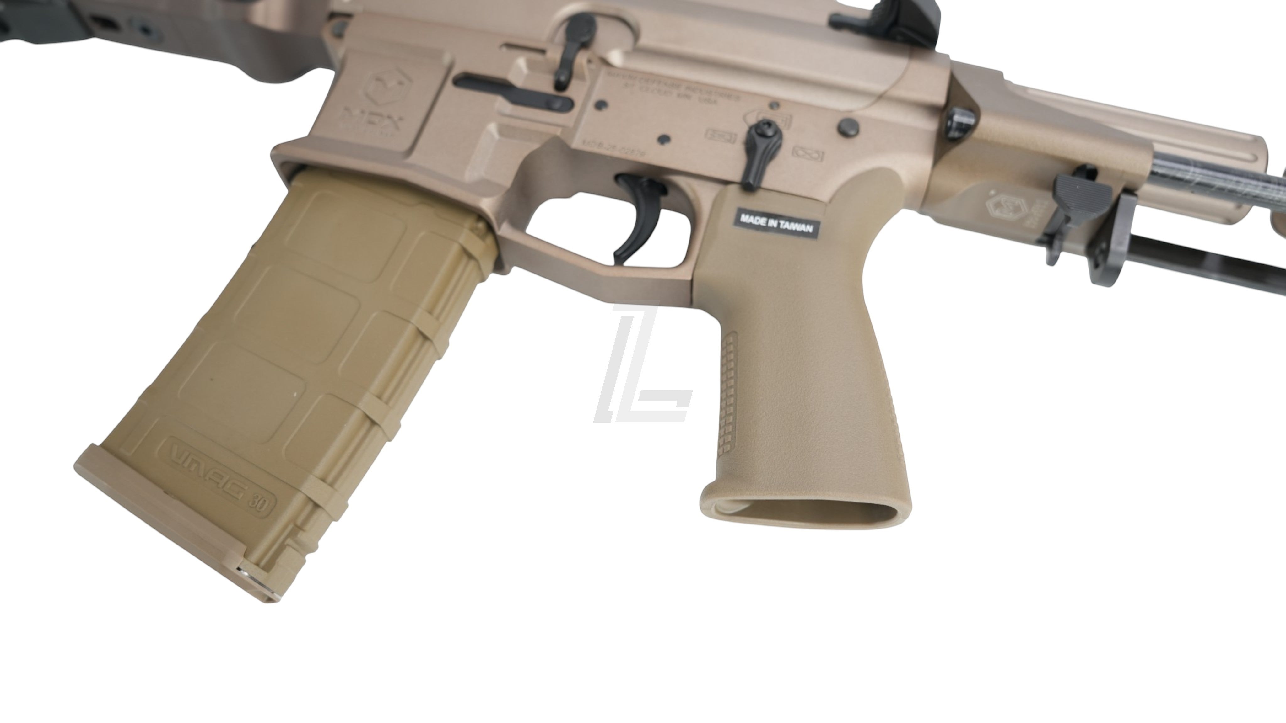 Landing Zone VFC PDX SBR GBB airsoft rifle in FDE with Maxim Defense branding and polymer magazine