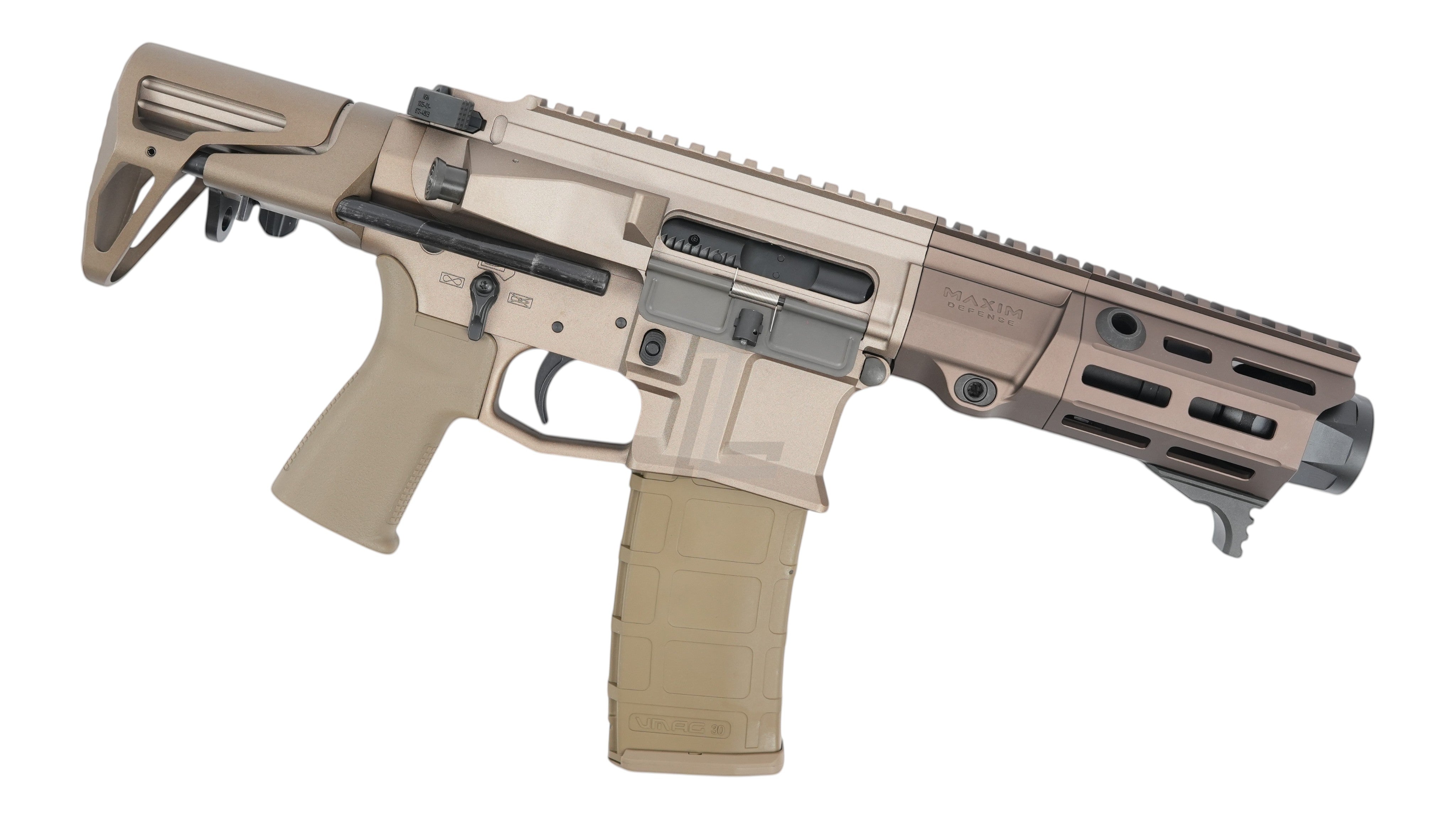 Landing Zone VFC Maxim Defense PDX SBR GBB airsoft rifle in FDE finish with compact stock and Hatebrake muzzle device
