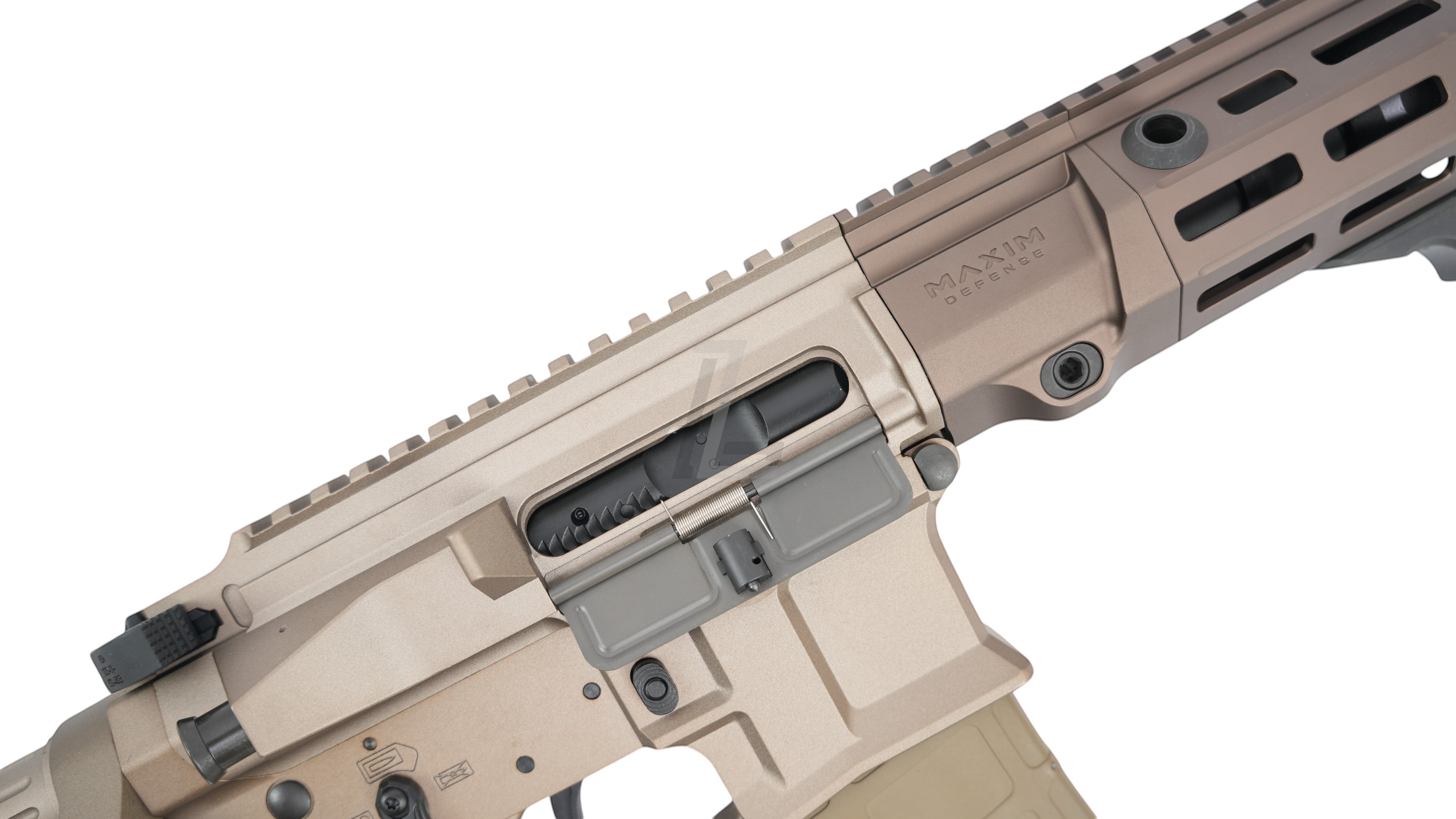 Landing Zone VFC Maxim Defense PDX SBR GBB airsoft rifle in FDE finish with detailed metal receiver markings.