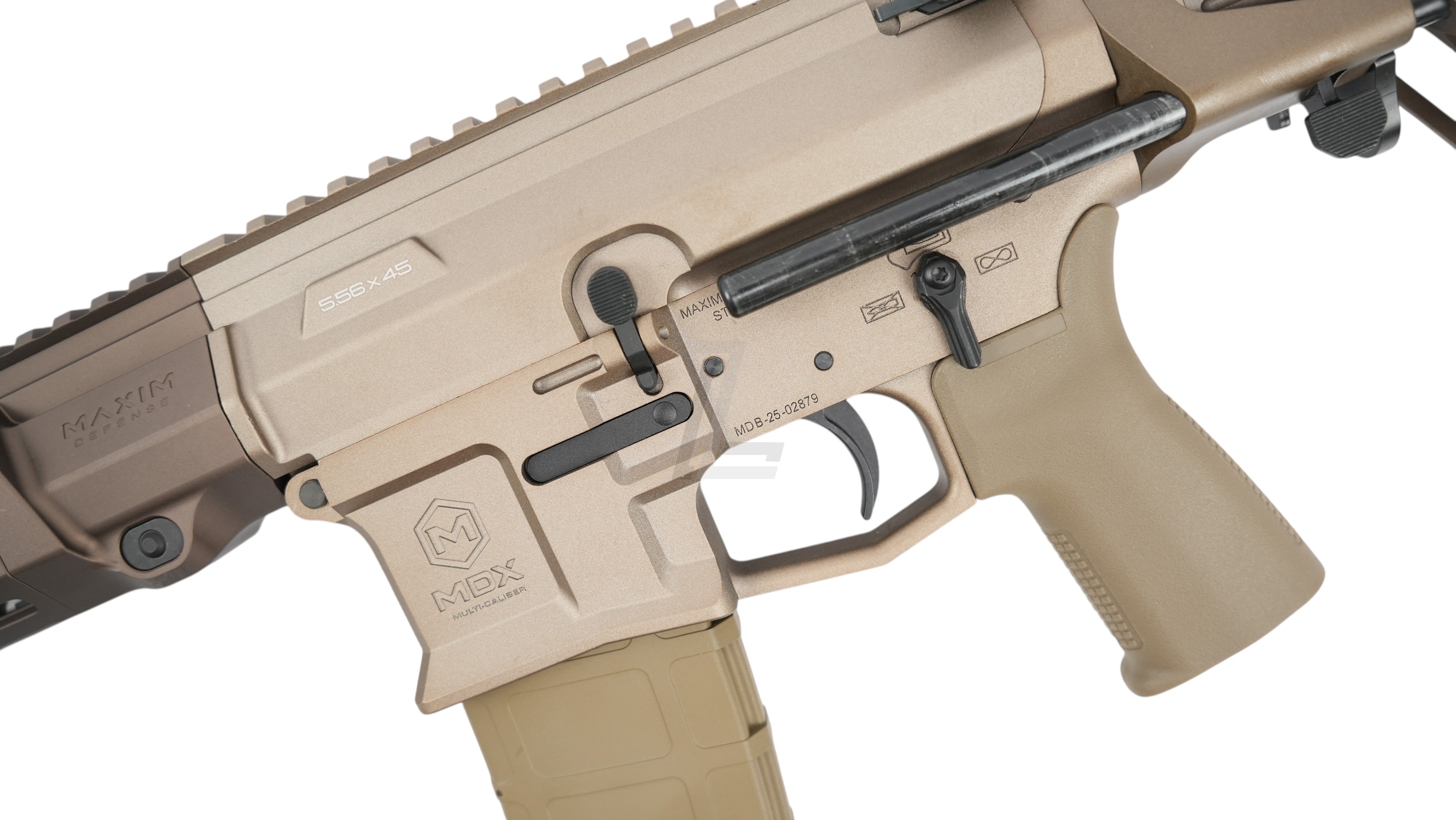 Landing Zone VFC Maxim Defense PDX SBR GBB airsoft rifle in FDE finish with detailed metal receiver markings