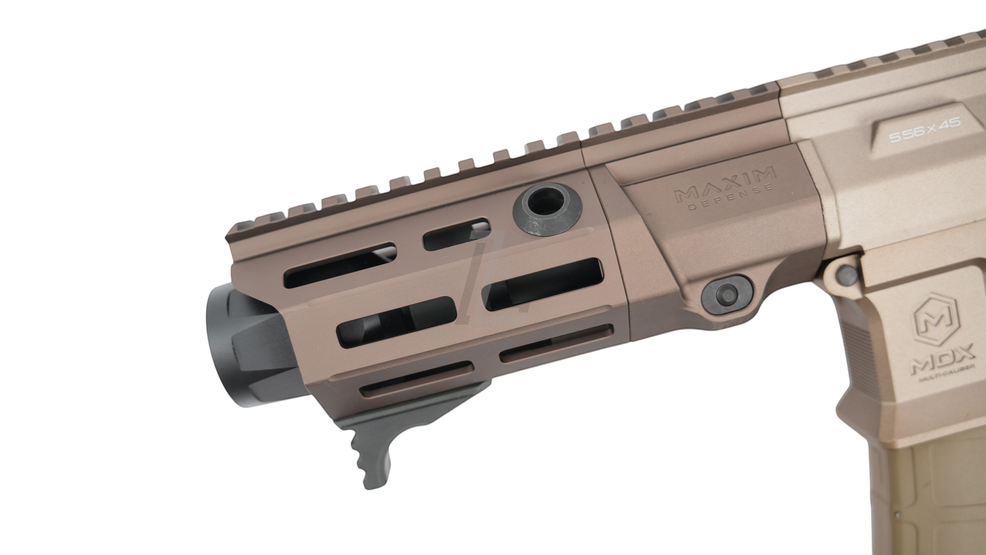 Landing Zone VFC Maxim Defense PDX SBR GBB airsoft rifle in FDE finish with metal handguard and Hatebrake muzzle device