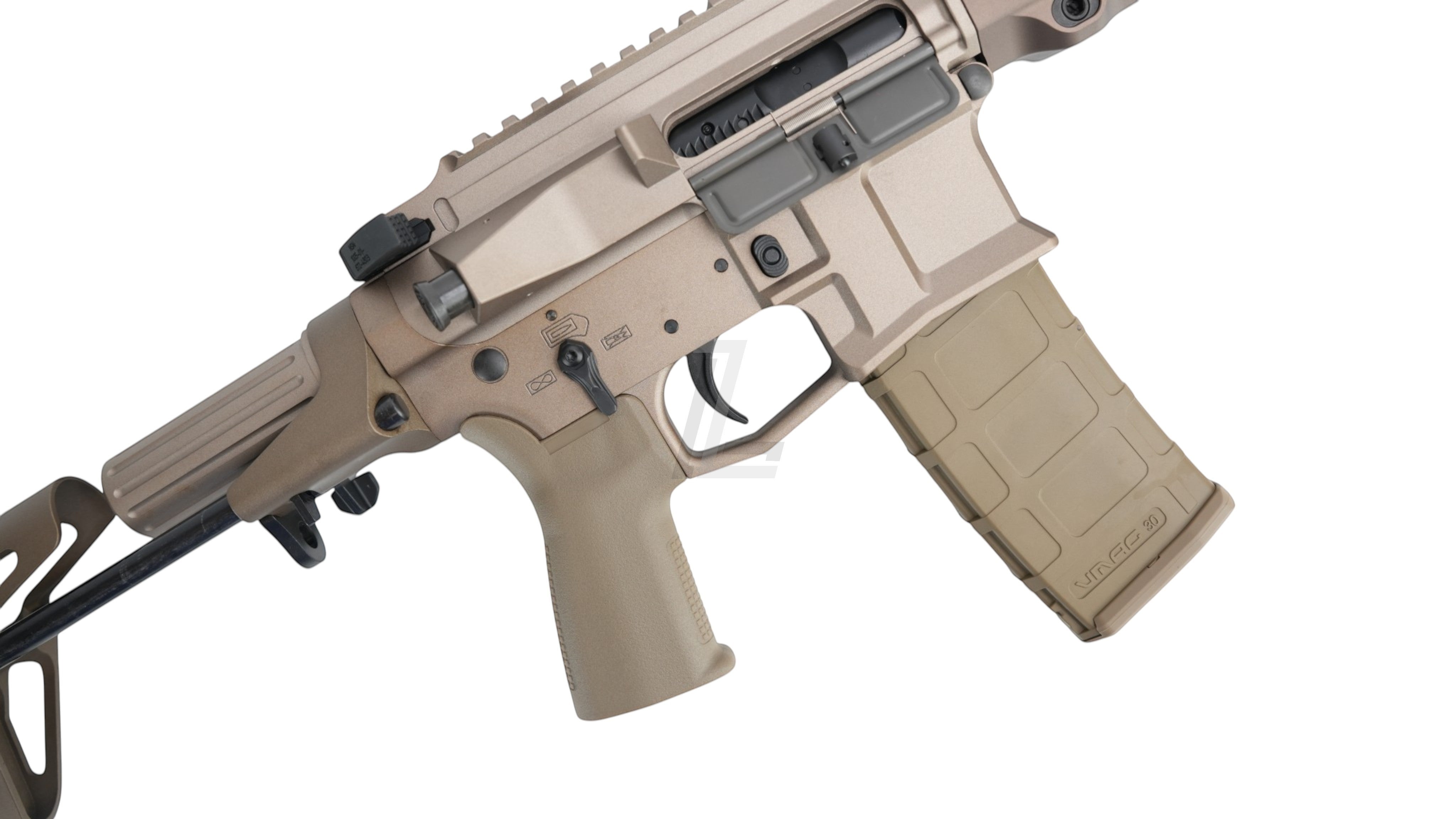 Landing Zone VFC PDX SBR GBB airsoft rifle in FDE finish with Maxim Defense licensed branding and polymer magazine.
