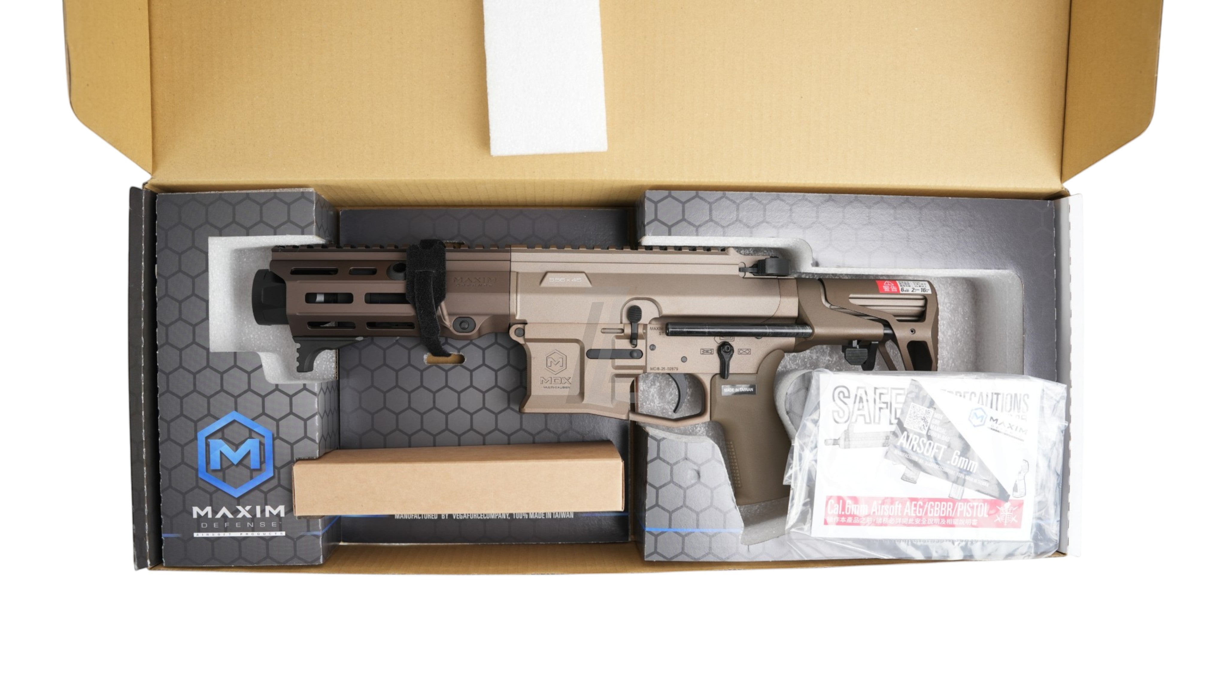 Landing Zone VFC PDX SBR GBB airsoft rifle in FDE finish, Maxim Defense licensed, inside original packaging box.