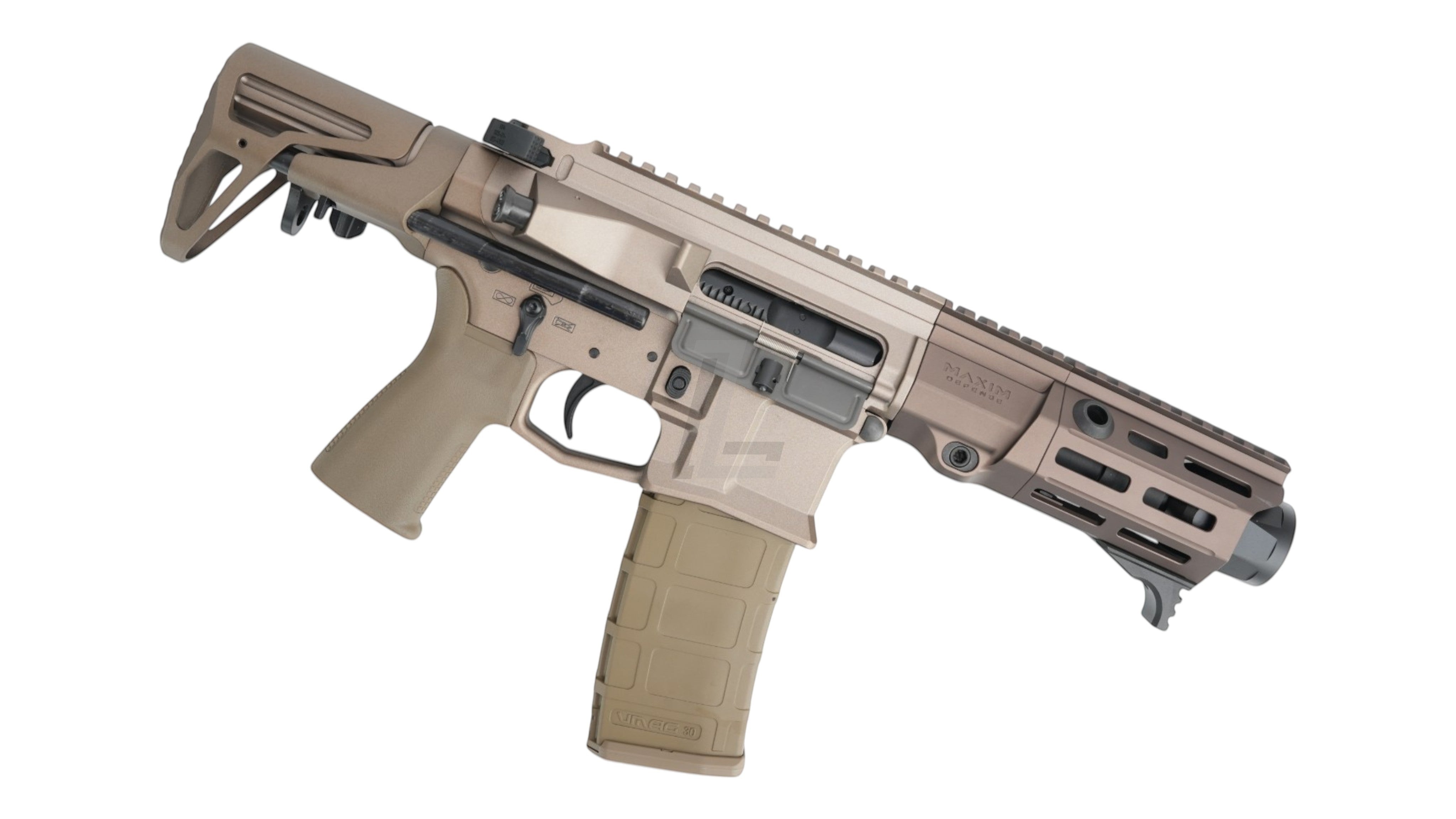 Landing Zone VFC PDX SBR GBB airsoft rifle in FDE, featuring Maxim Defense licensed design and compact build.