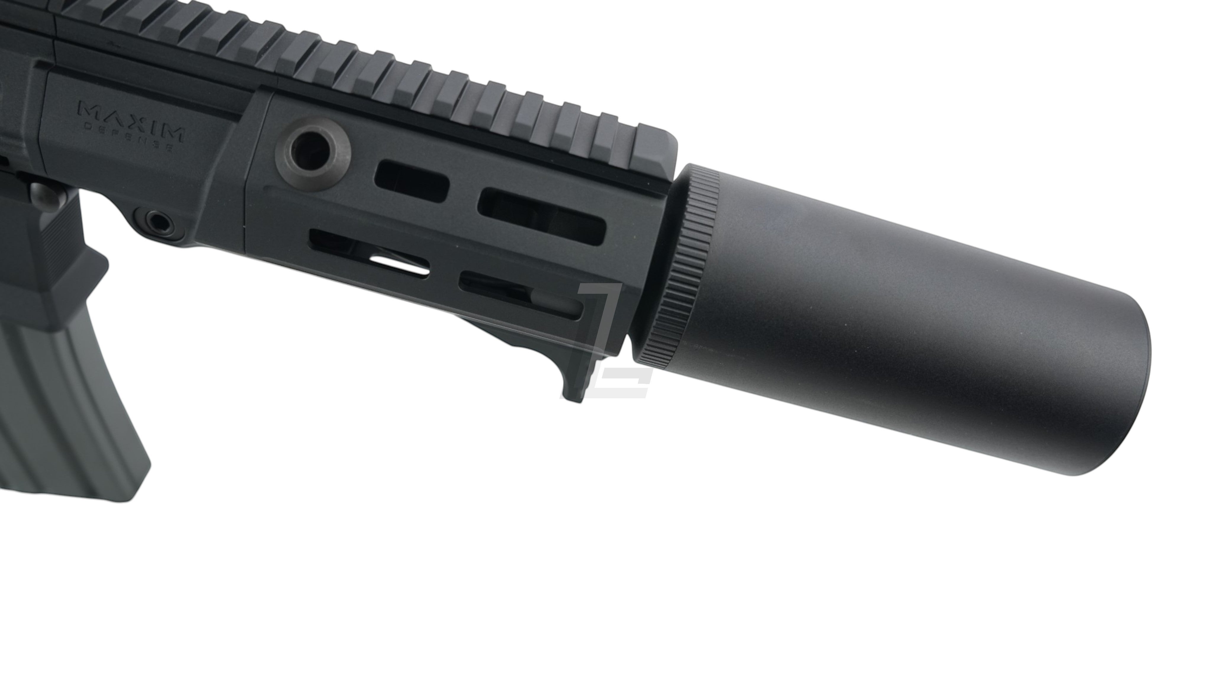 Landing Zone VFC PDX-SD black airsoft AEG rifle with Maxim Defense licensed handguard and integrated suppressor
