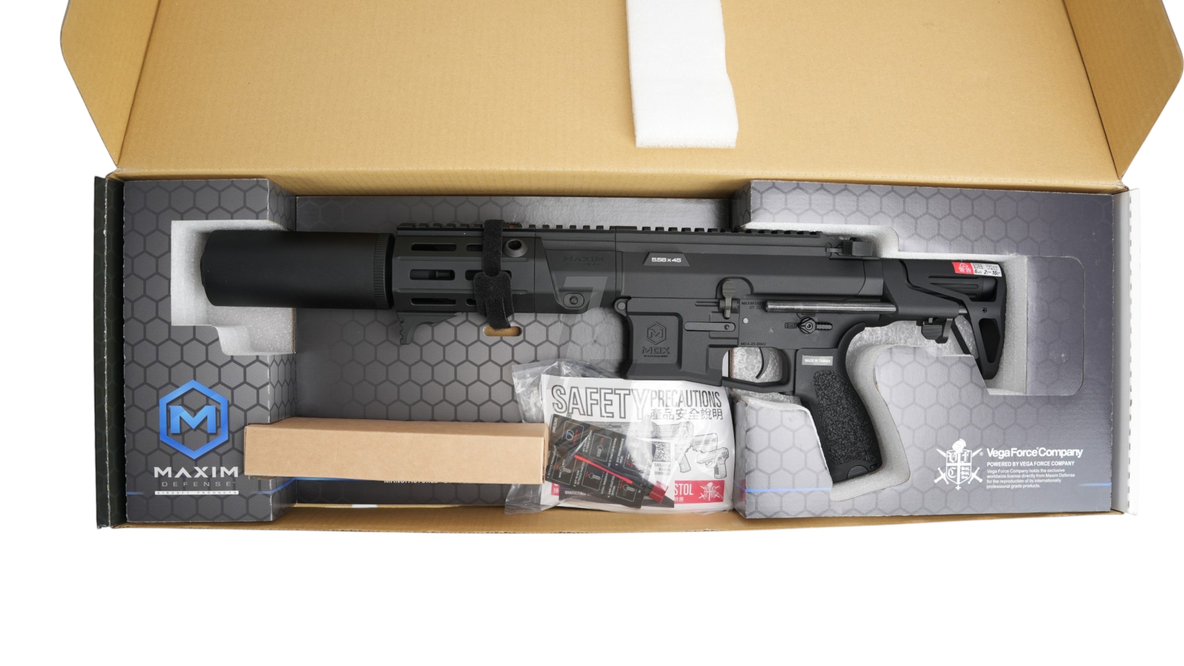 Landing Zone VFC PDX-SD electric airsoft rifle in black with Maxim Defense branding and GATE ASTER system in box.