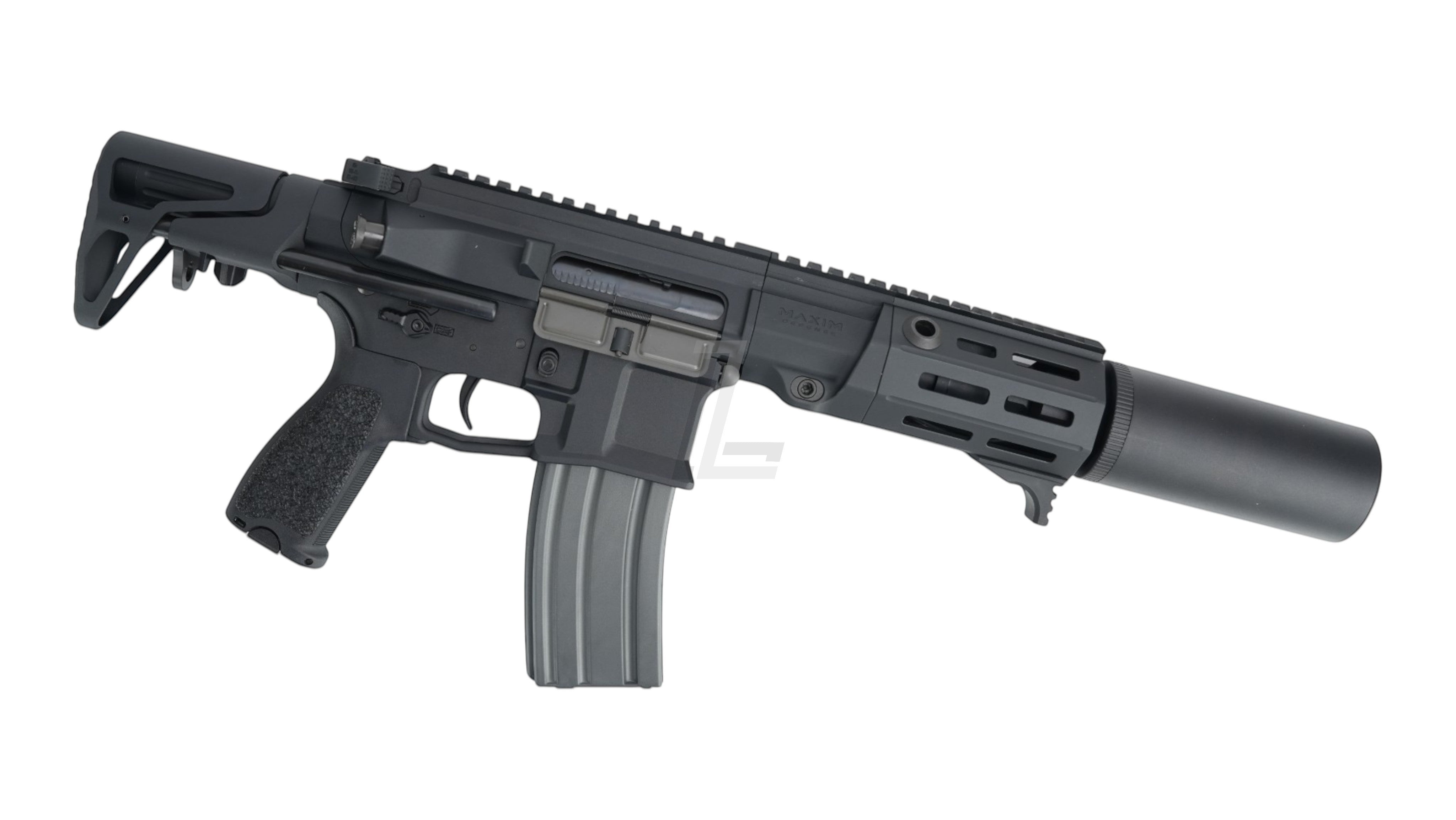 Landing Zone VFC PDX-SD electric airsoft rifle in black with Maxim Defense branding and integrated suppressor.