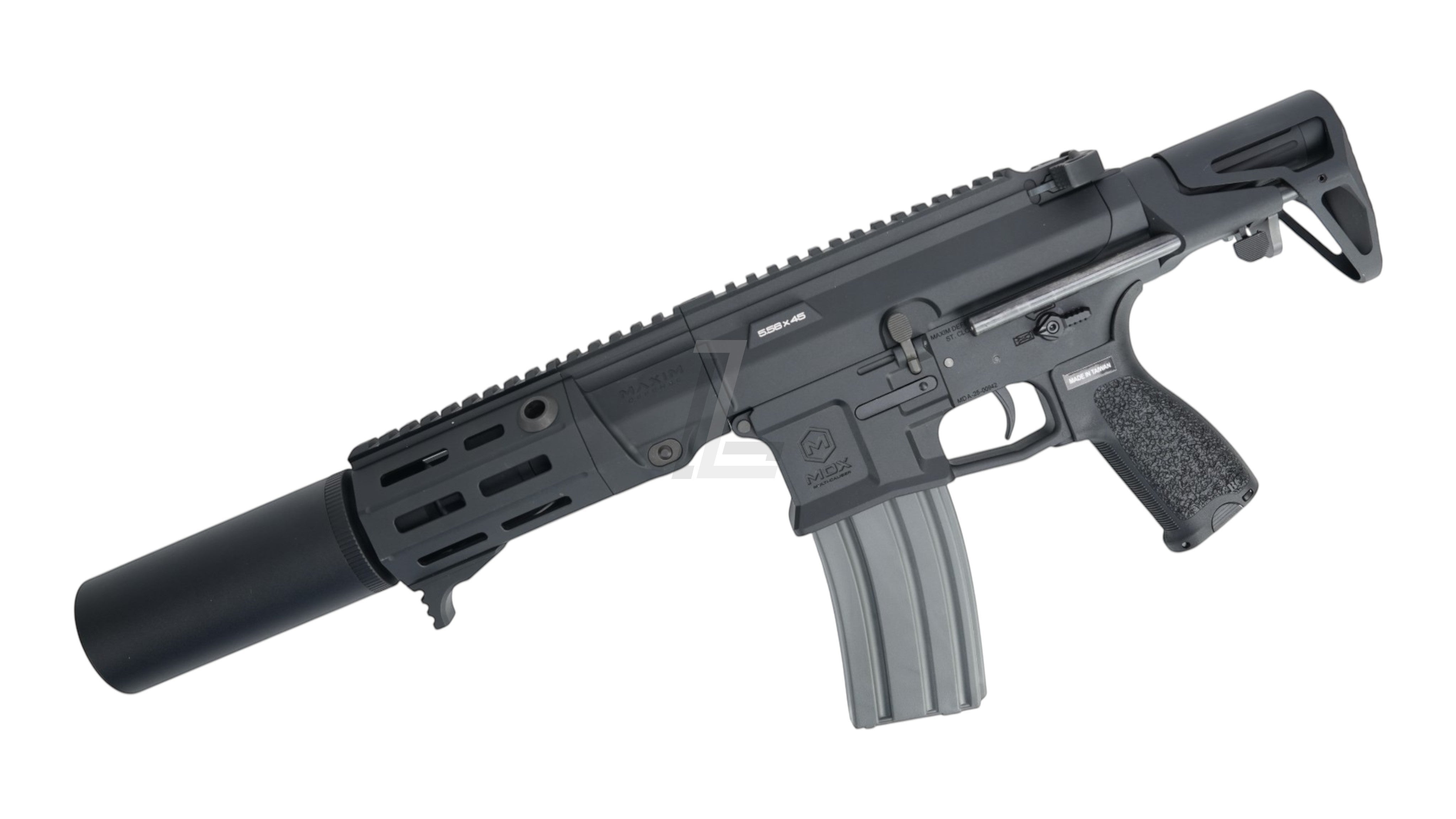 Landing Zone VFC PDX-SD electric airsoft rifle in black with Maxim Defense branding and integrated suppressor.