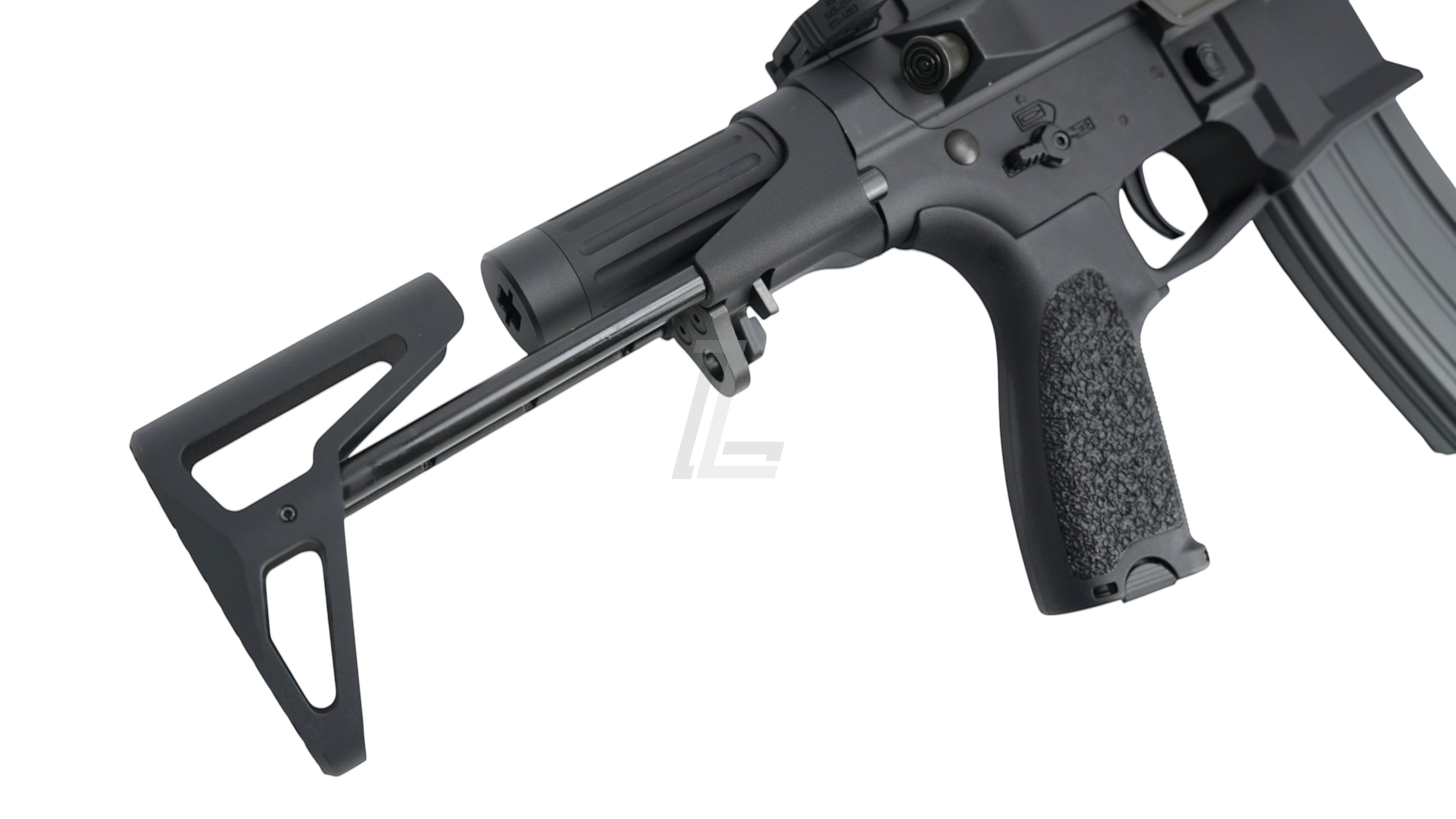 Landing Zone VFC PDX-SD electric airsoft rifle in black with Maxim Defense licensed collapsible stock and textured grip