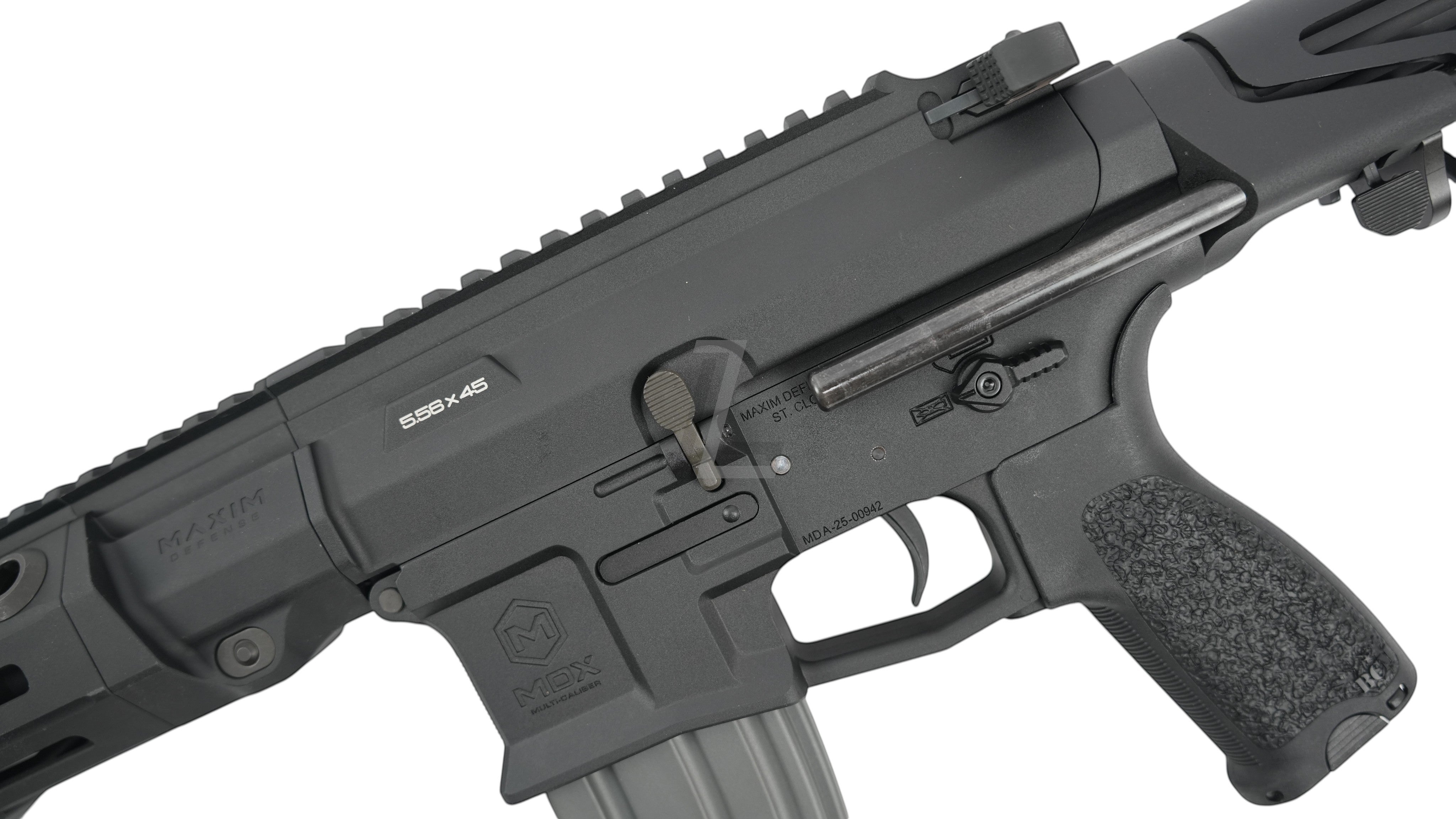 Landing Zone VFC Maxim Defense PDX-SD black metal airsoft rifle with textured pistol grip and detailed markings