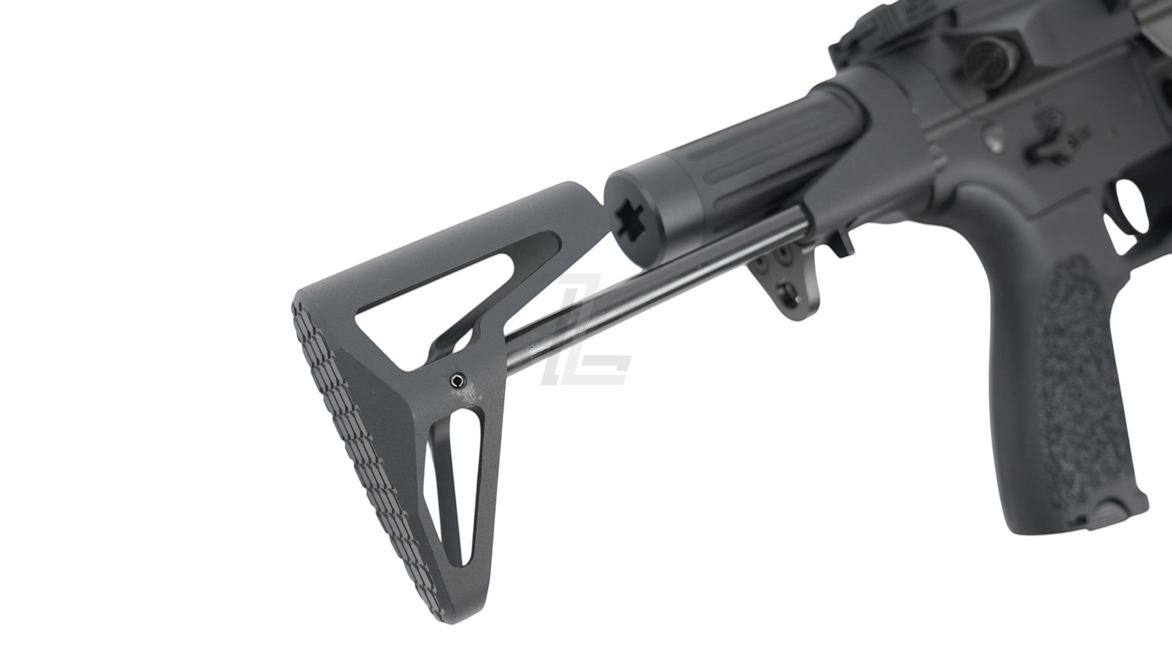 Landing Zone VFC Maxim Defense PDX-SD airsoft rifle showing the compact black metal SCW stock and textured pistol grip