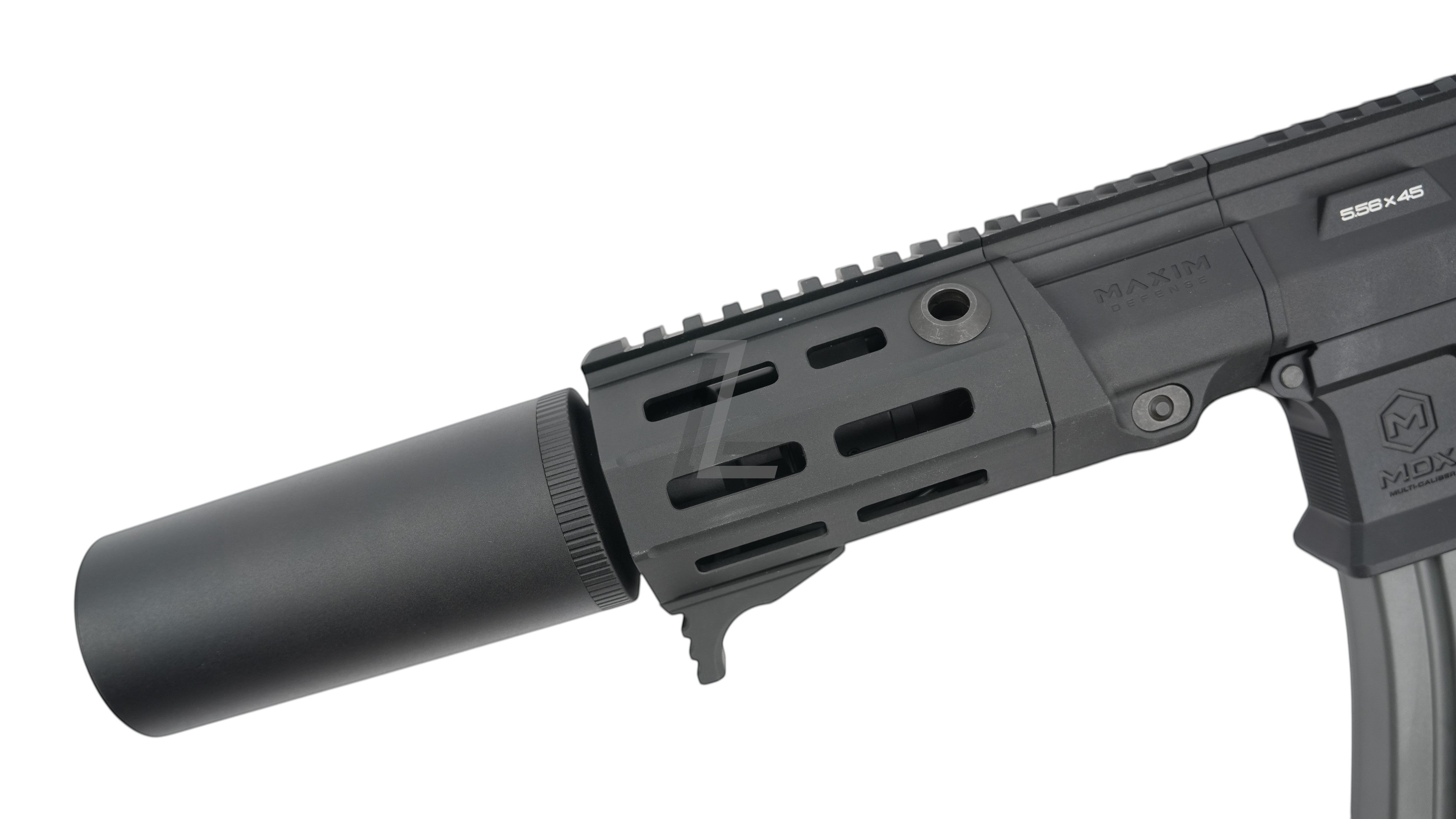 Landing Zone VFC Maxim Defense PDX-SD airsoft rifle featuring a black metal handguard and integrated suppressor