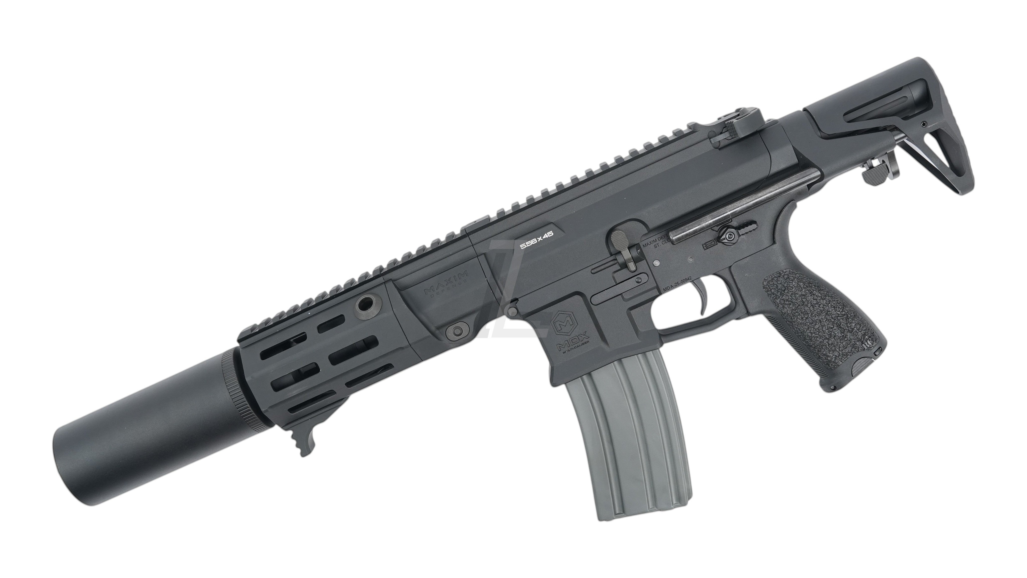 Landing Zone VFC Maxim Defense PDX-SD black airsoft rifle with integrated suppressor and compact SCW stock