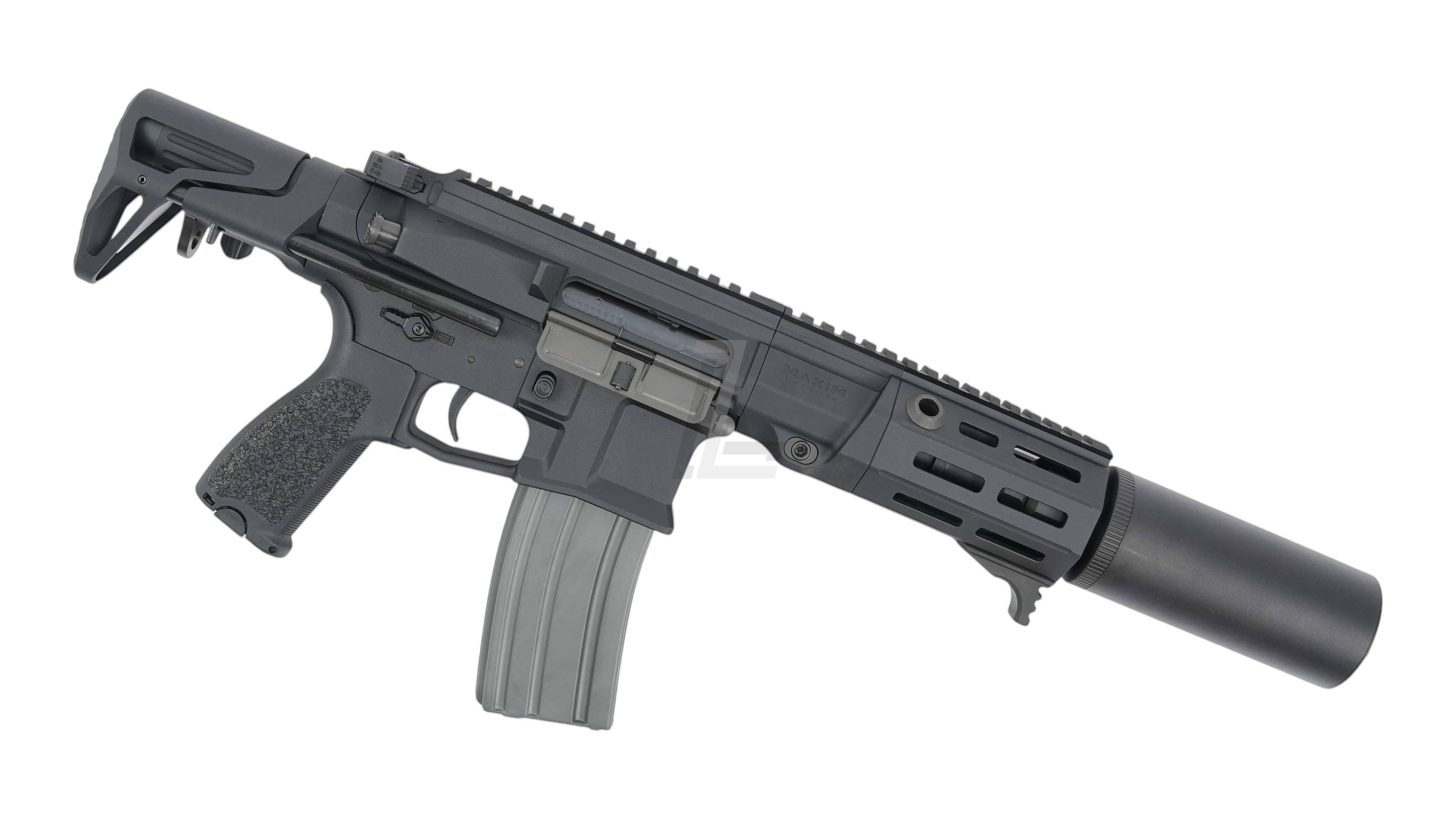 Landing Zone VFC Maxim Defense PDX-SD black airsoft rifle with integrated suppressor and compact stock