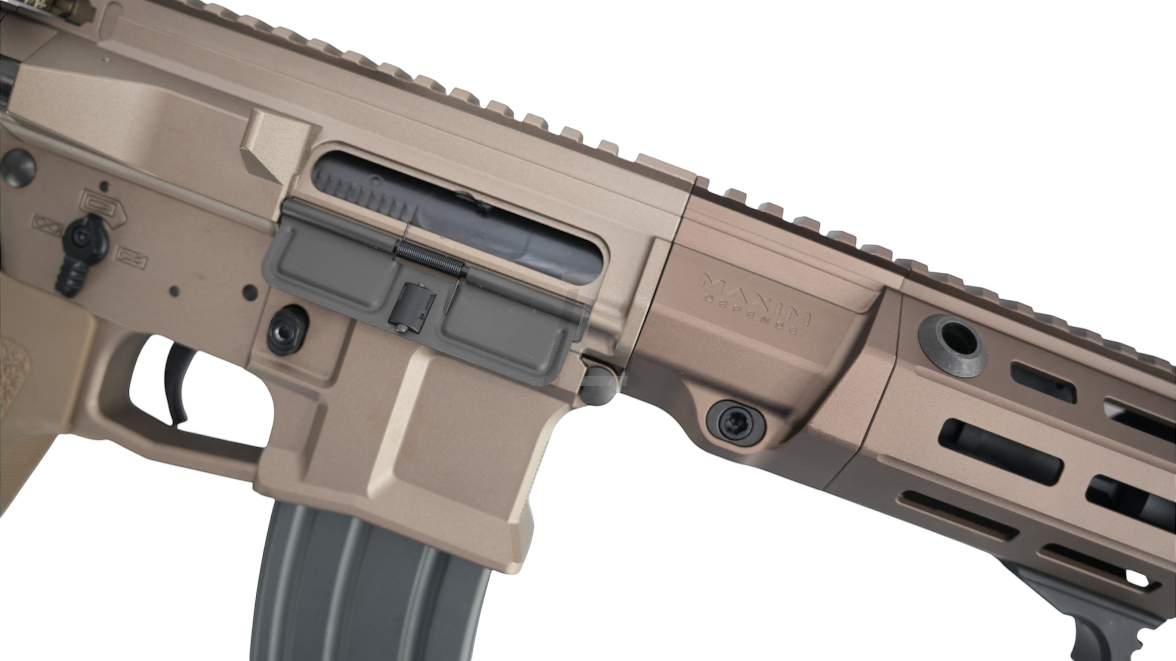 Landing Zone VFC PDX-SD electric airsoft rifle in tan with Maxim Defense licensed branding and integrated rail system.