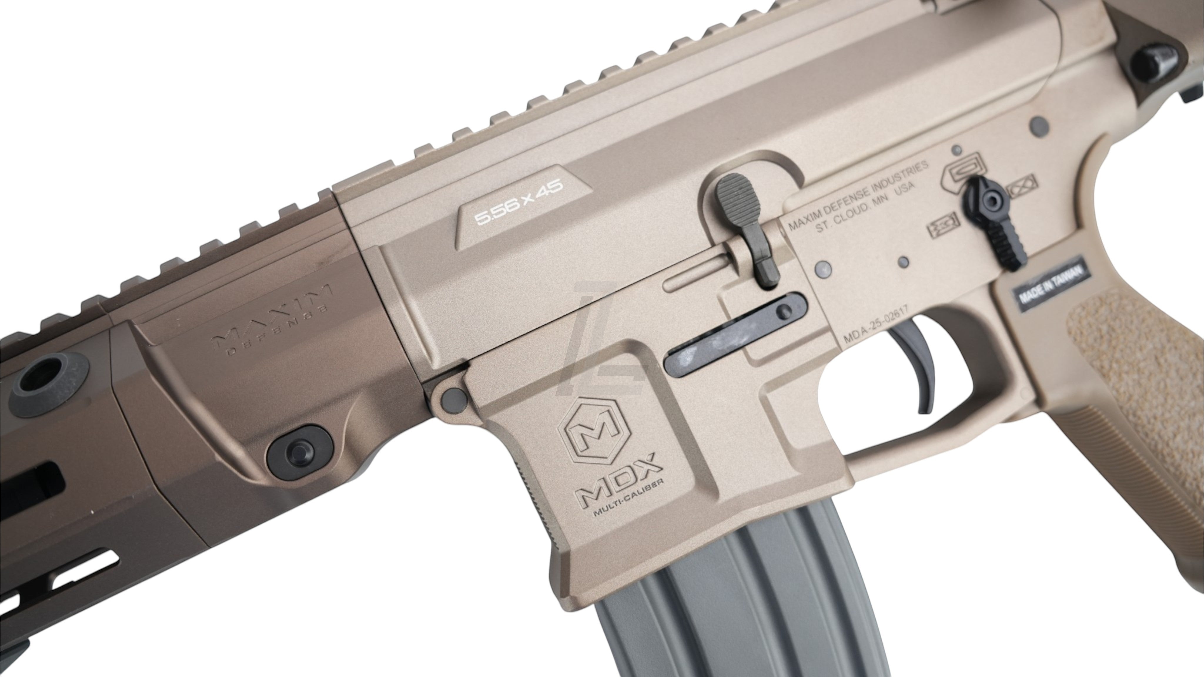Landing Zone VFC PDX-SD electric airsoft rifle in tan with Maxim Defense licensed MDX receiver and 5.56 markings.
