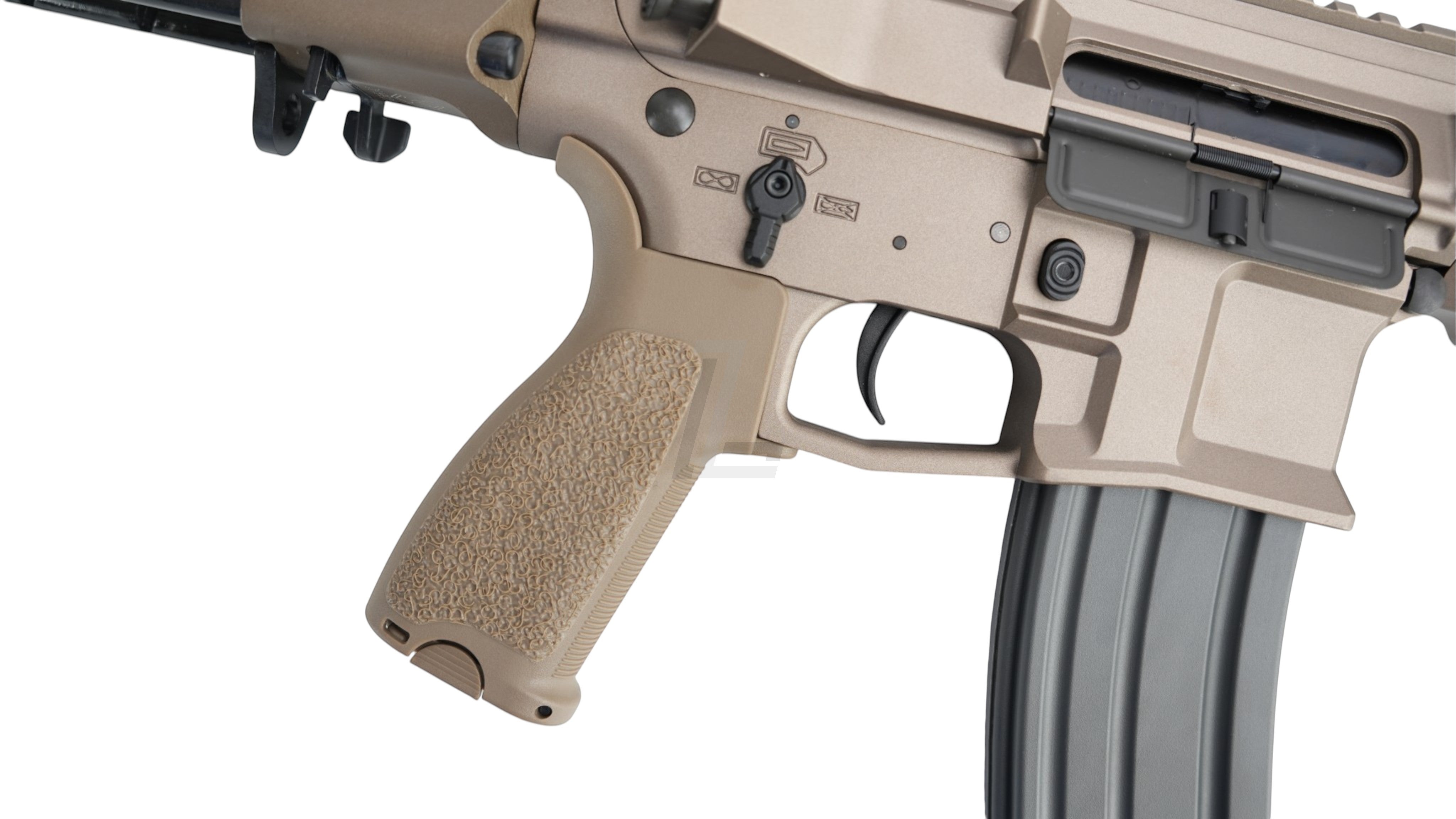 Landing Zone VFC PDX-SD electric airsoft rifle in tan with Maxim Defense licensed receiver and textured pistol grip.