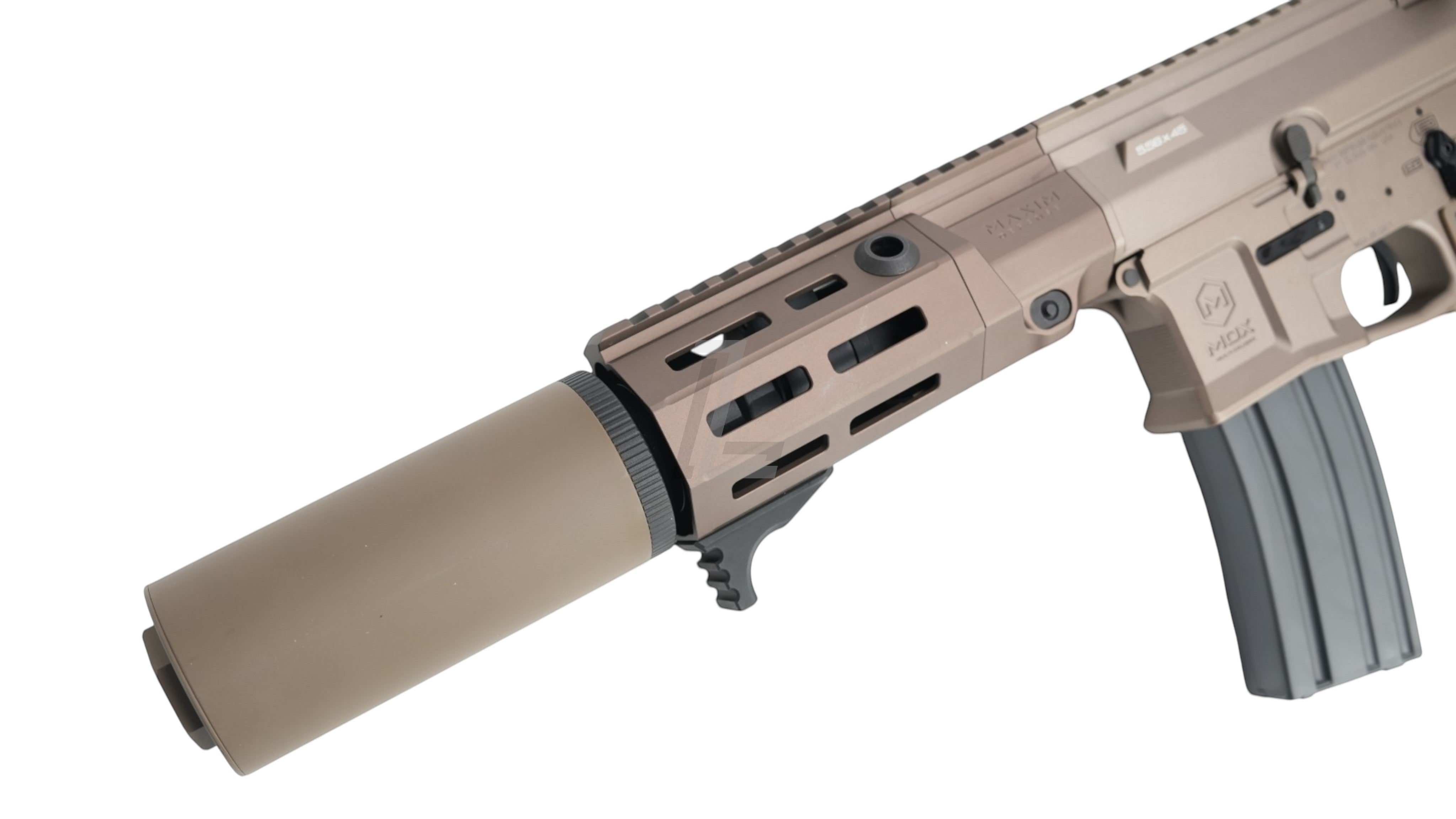 Landing Zone VFC PDX-SD Maxim Defense licensed tan AEG airsoft rifle with integrated suppressor and M-LOK handguard