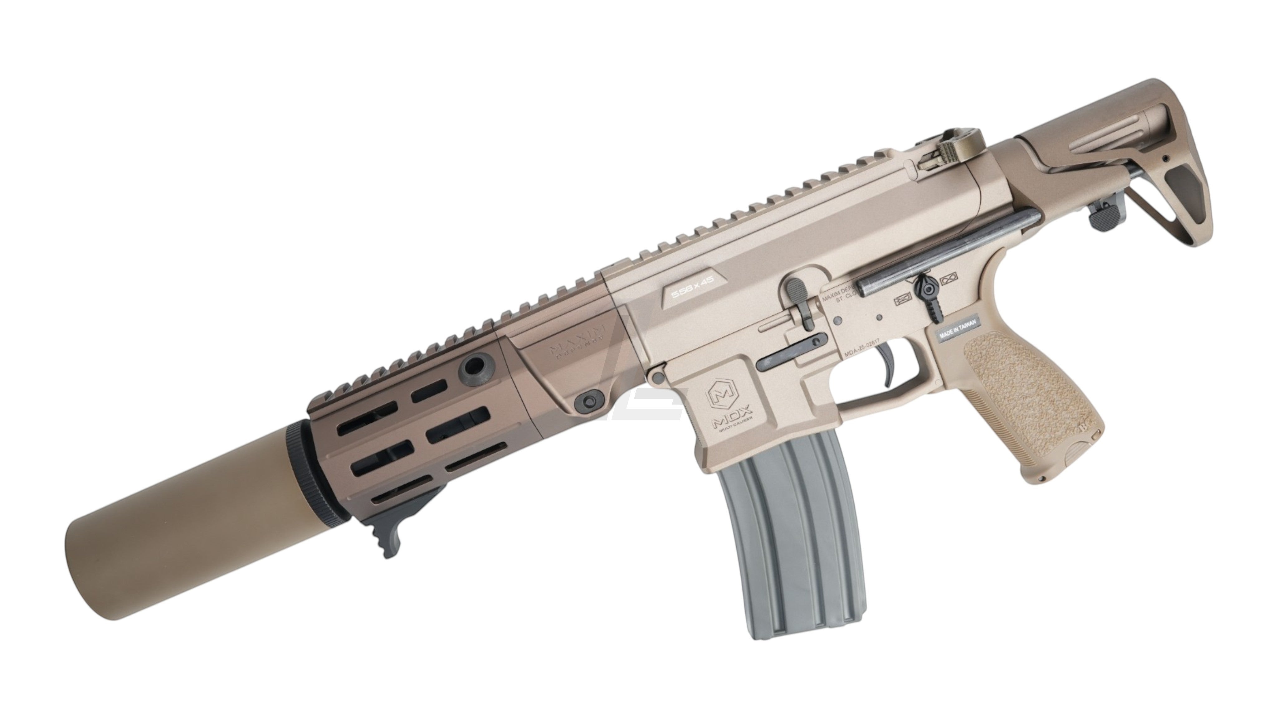 Landing Zone VFC PDX-SD electric airsoft rifle in tan with Maxim Defense branding and integrated suppressor.