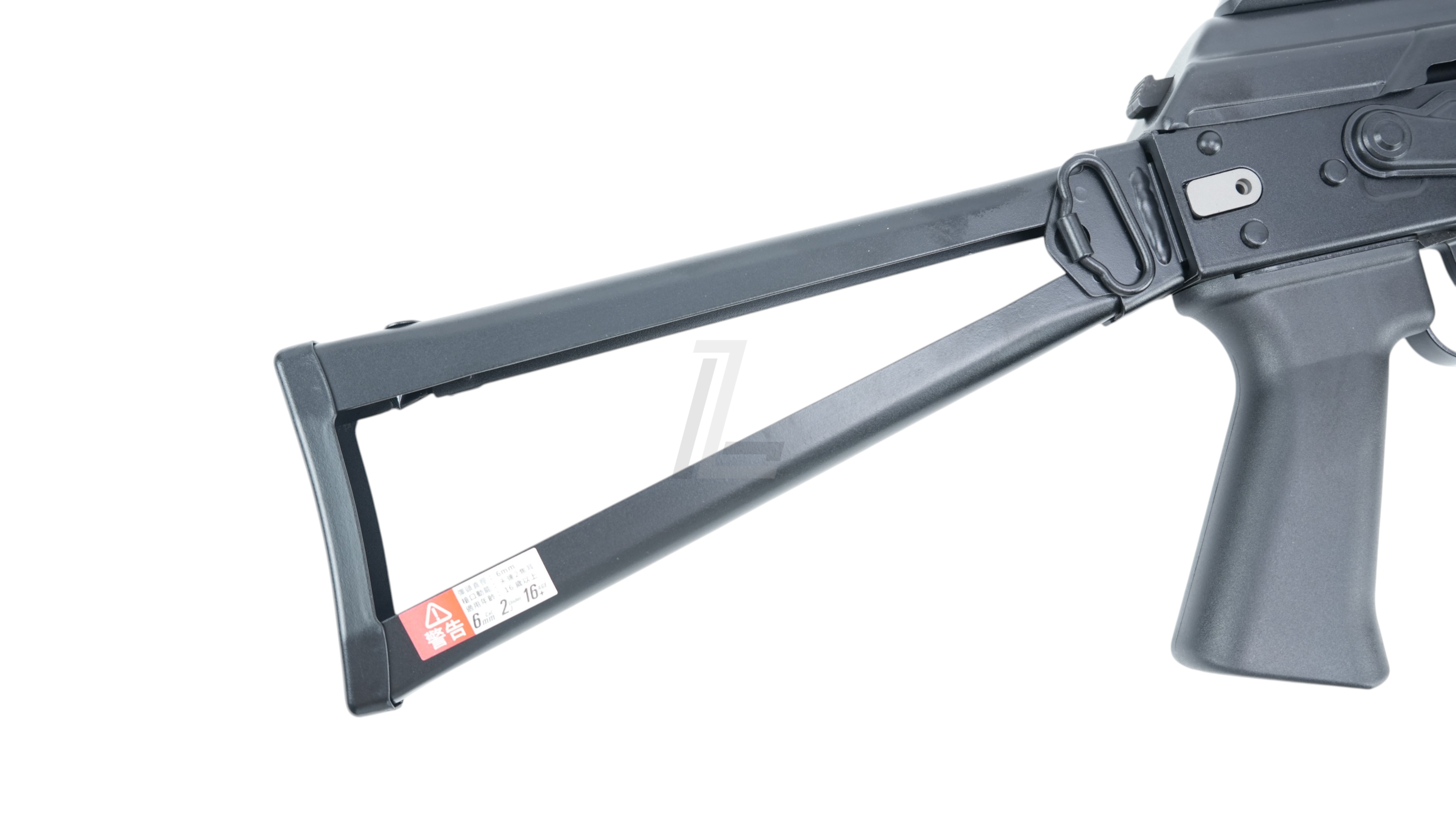 Landing Zone VFC PP-19-01 Vityaz GBB airsoft rifle featuring a black metal folding stock with safety warning label