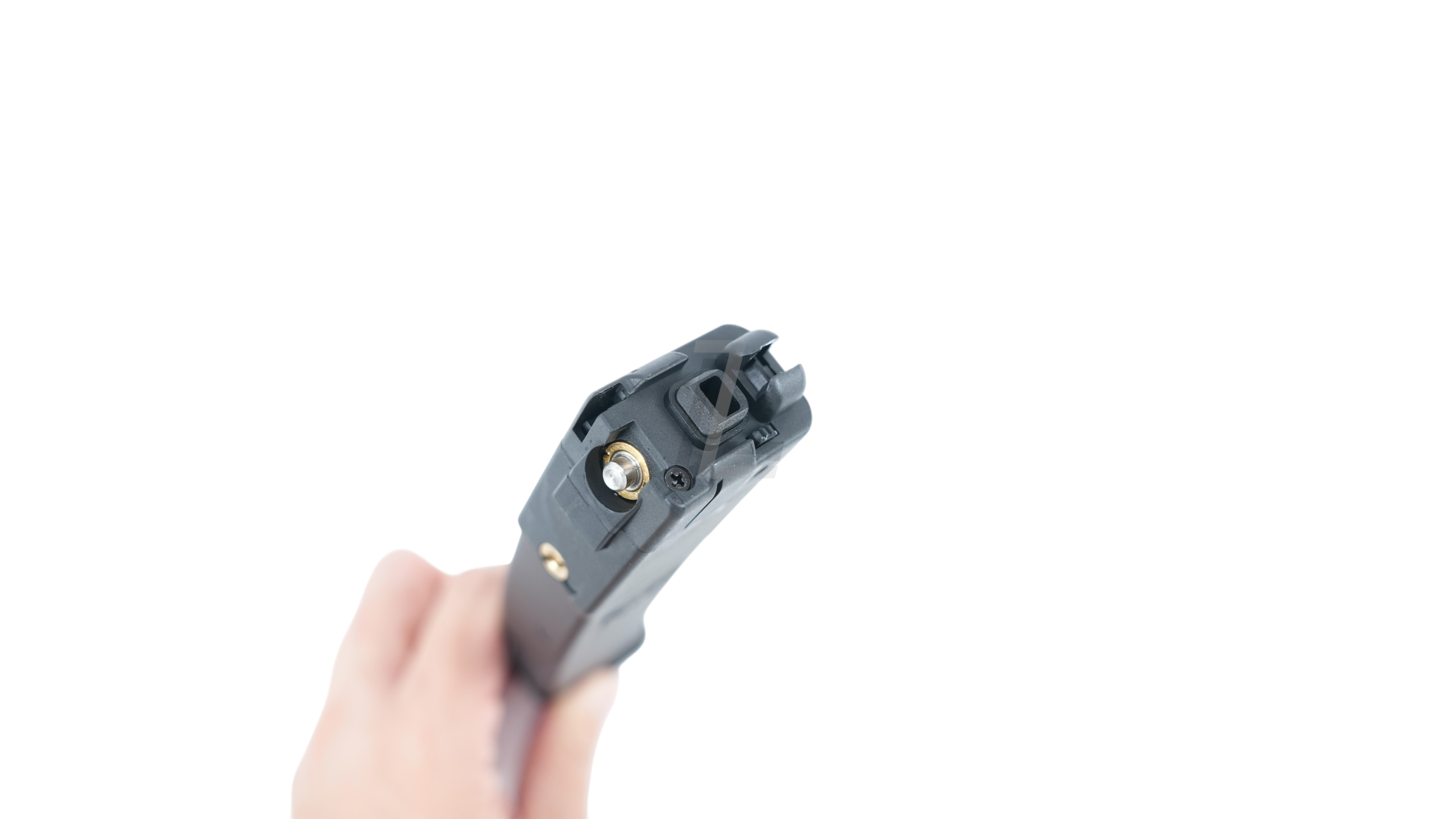 Landing Zone black VFC PP-19-01 gas airsoft magazine top view showing the gas valve and feed lips