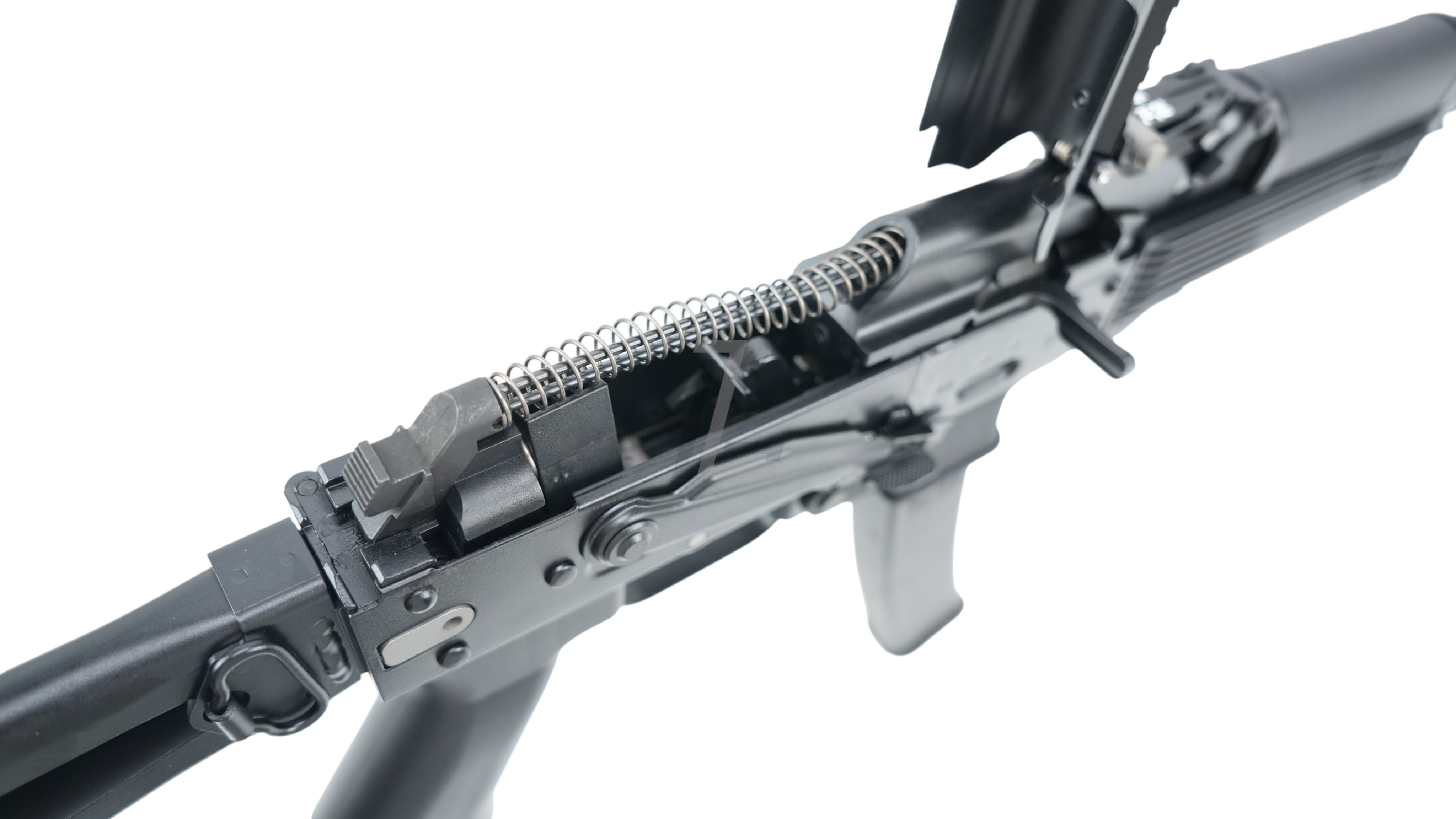 Landing Zone VFC PP-19-01 Vityaz GBB airsoft rifle with open receiver showing internal spring and bolt mechanism