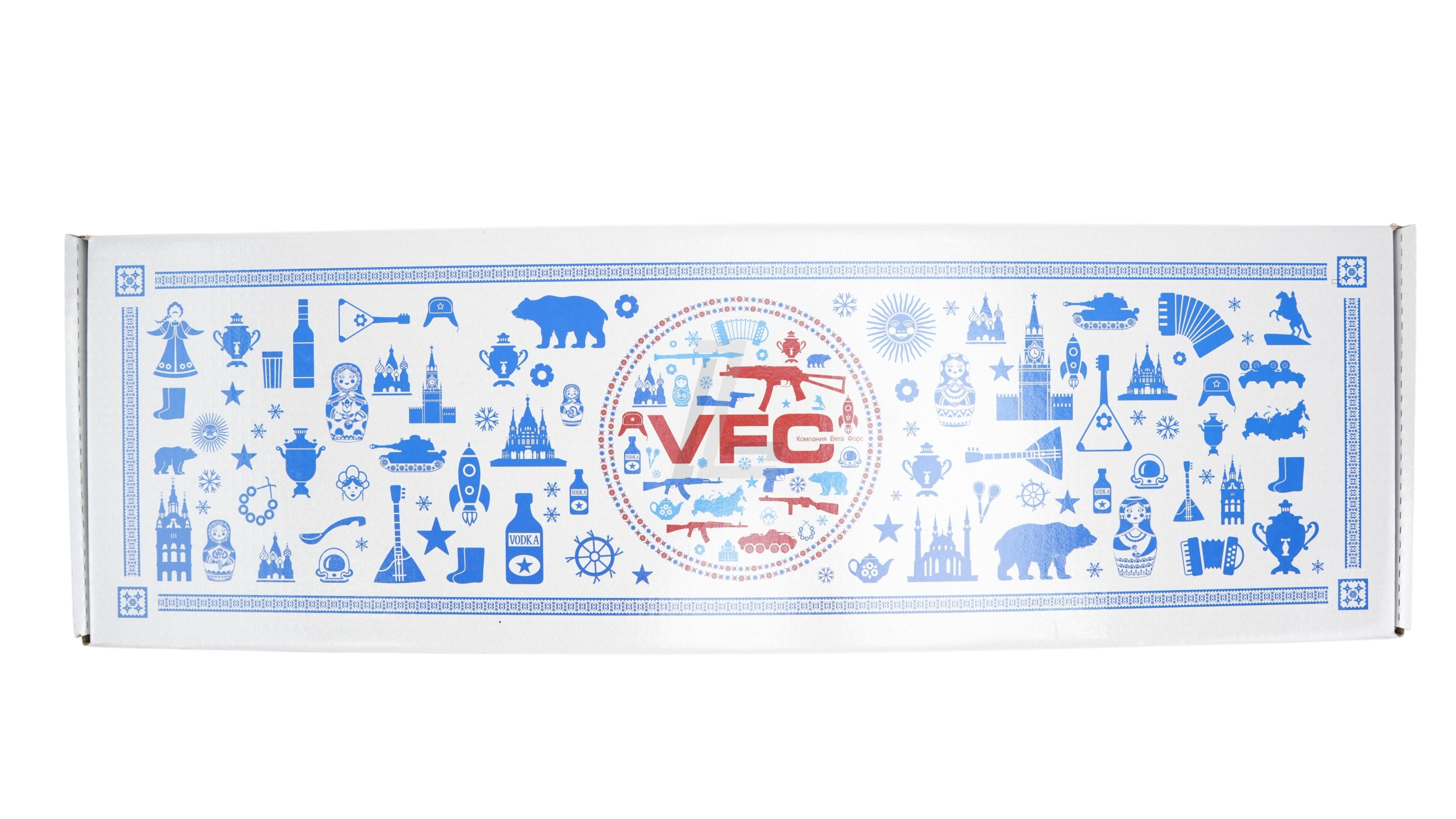 Landing Zone VFC PP-19-01 Vityaz GBB airsoft rifle packaging box with blue and red Russian-themed graphic design
