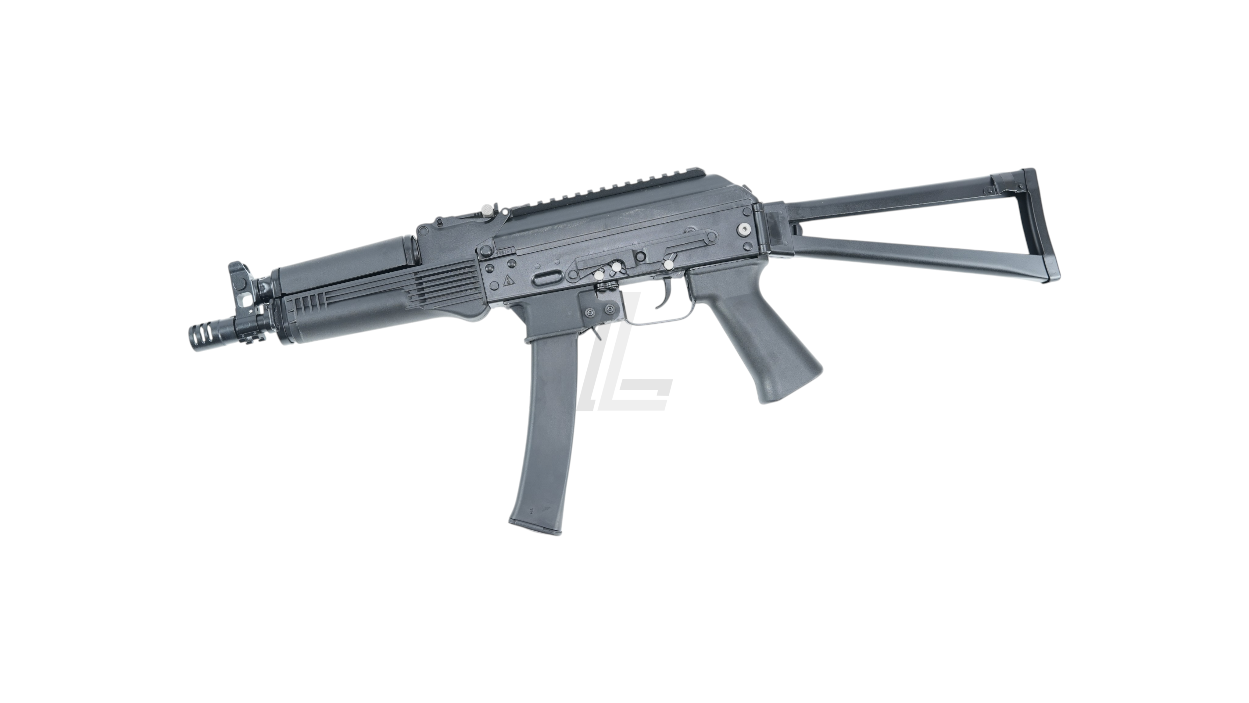 Landing Zone VFC PP-19-01 Vityaz GBB airsoft submachine gun in black with a folding stock on a white background.
