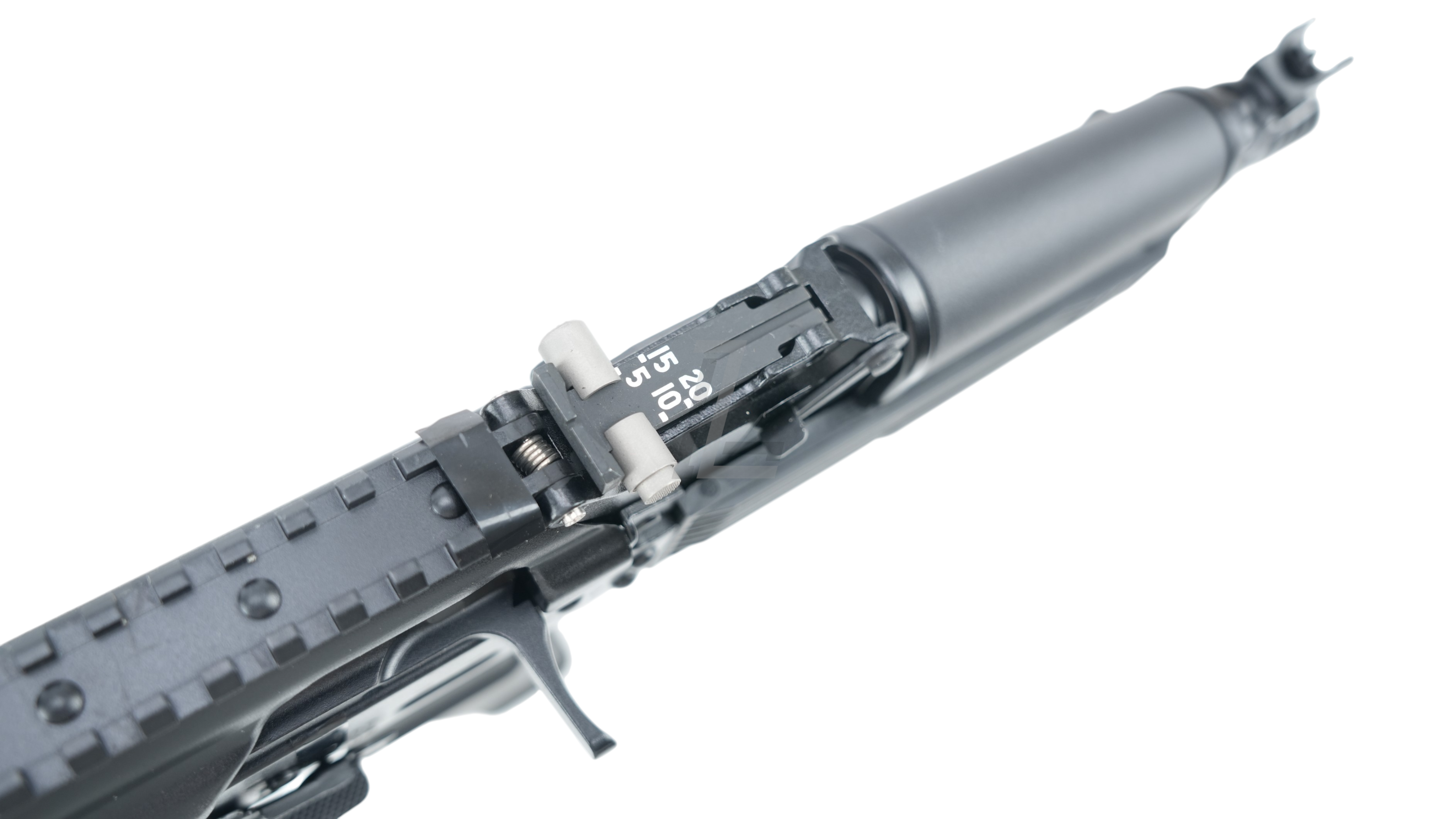 Landing Zone VFC PP-19-01 Vityaz GBB airsoft rifle showing the detailed rear iron sight and top receiver rail