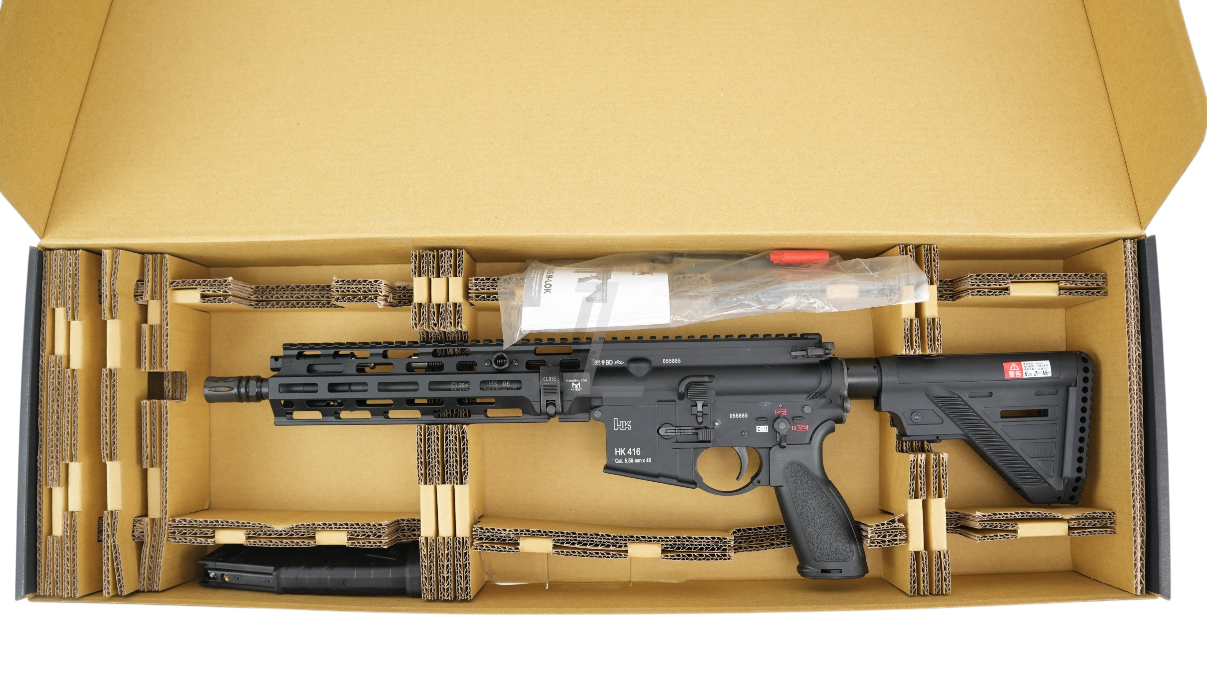 Landing Zone VFC UMAREX HK416A5 M-LOK EVO GBB airsoft rifle in black, displayed in its original cardboard packaging.