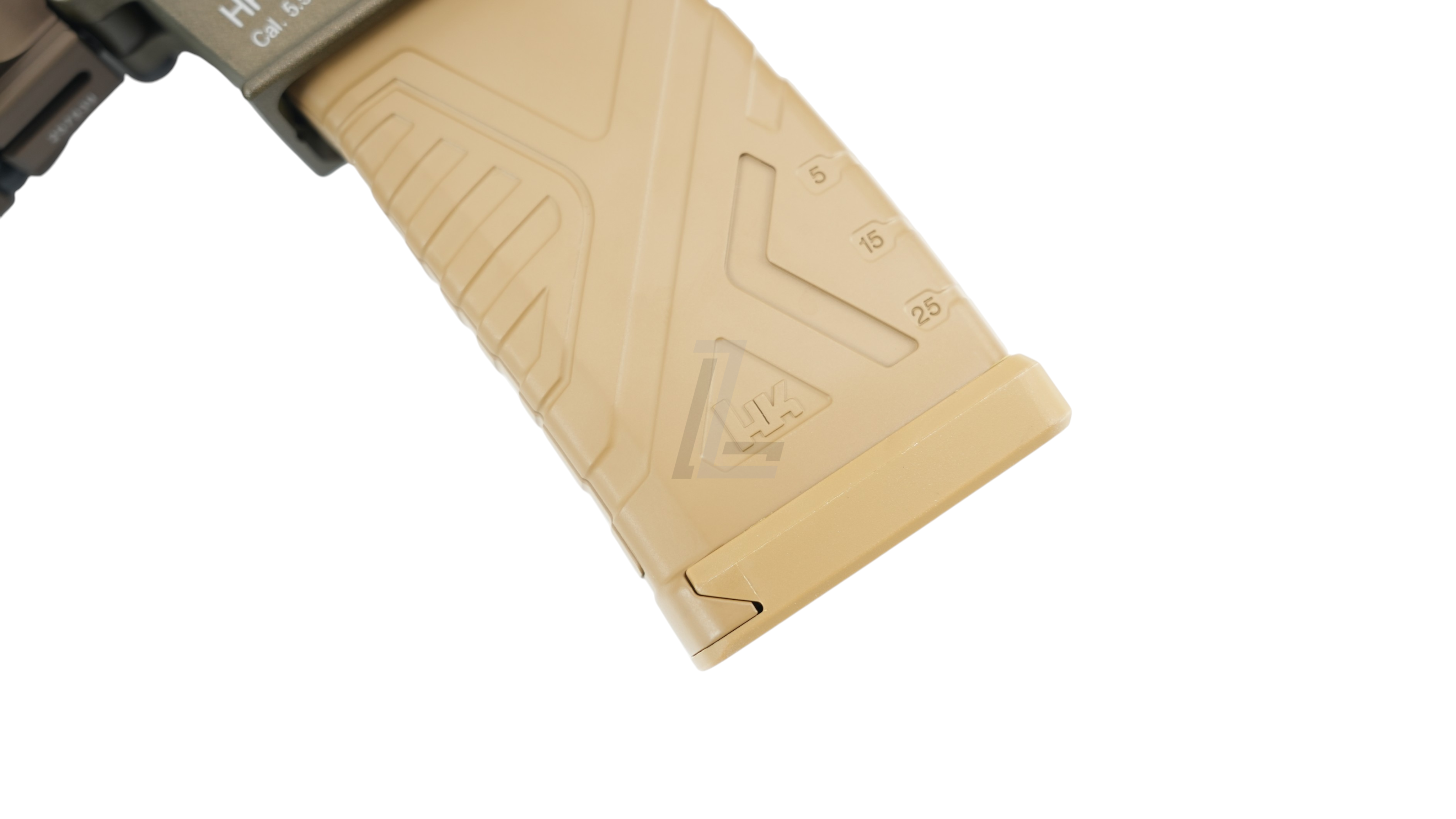 Landing Zone VFC Umarex HK416A5 GBB airsoft rifle magazine in RAL8000 tan color with HK logo and texture details