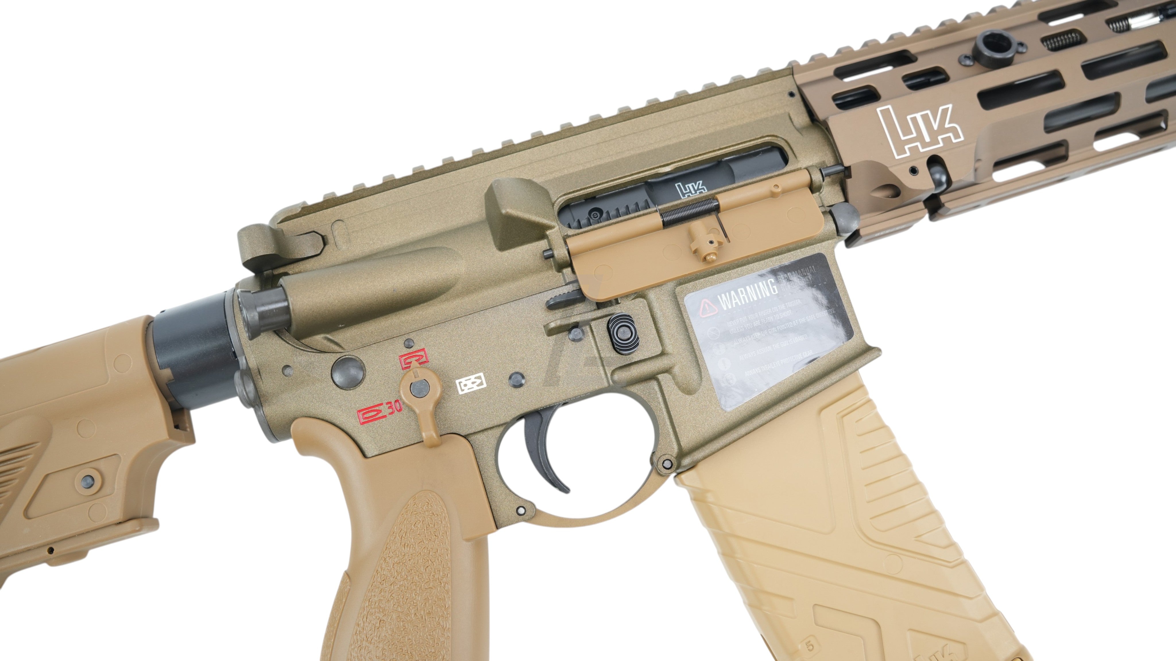 Landing Zone VFC Umarex HK416A5 M-LOK EVO GBB airsoft rifle in RAL8000 tan finish with authentic HK markings