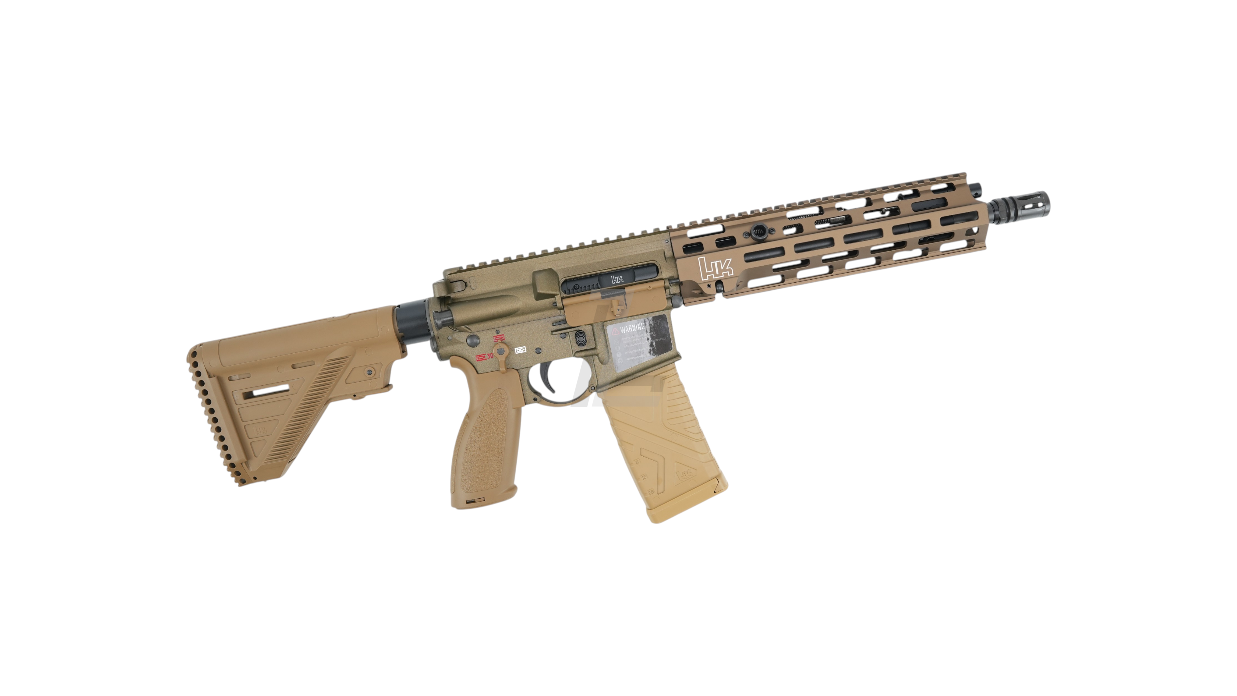 Landing Zone VFC Umarex HK416A5 M-LOK EVO GBB airsoft rifle in RAL8000 tan finish with authentic HK markings.