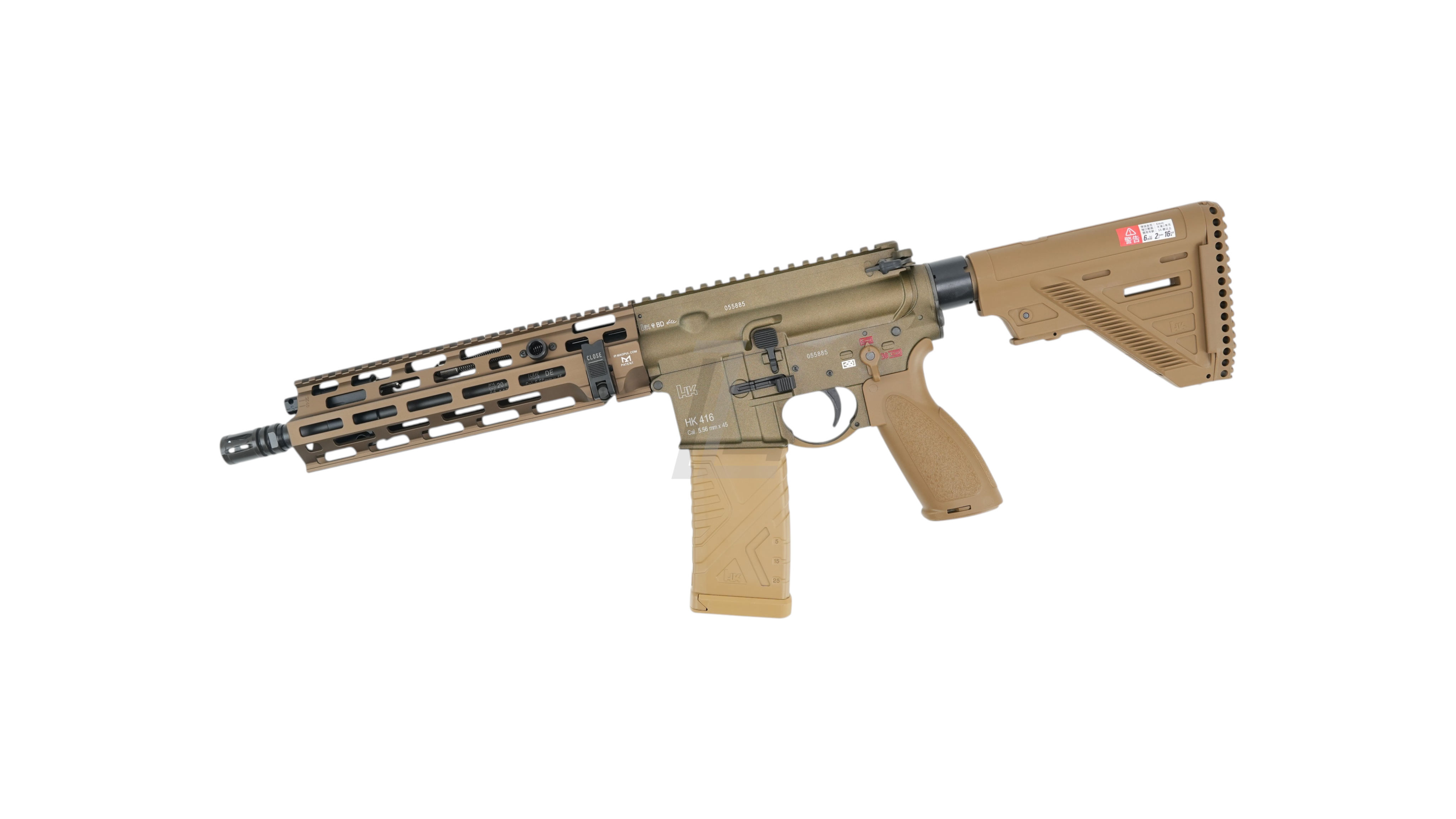 Landing Zone VFC Umarex HK416A5 M-LOK EVO GBB airsoft rifle in RAL8000 tan finish with authentic HK markings