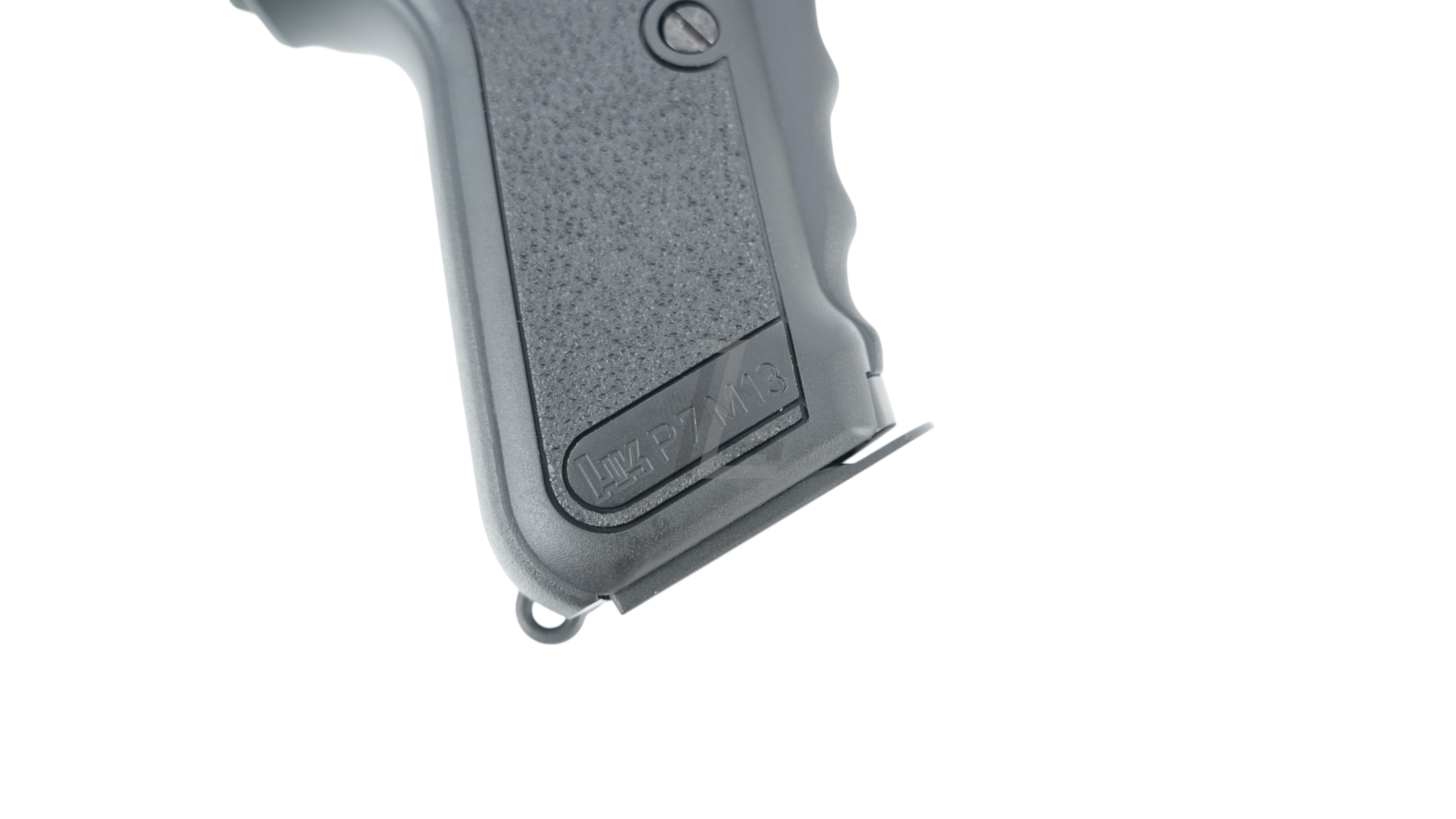 Landing Zone VFC Umarex P7M13 airsoft pistol grip detail showing authentic markings and textured handle