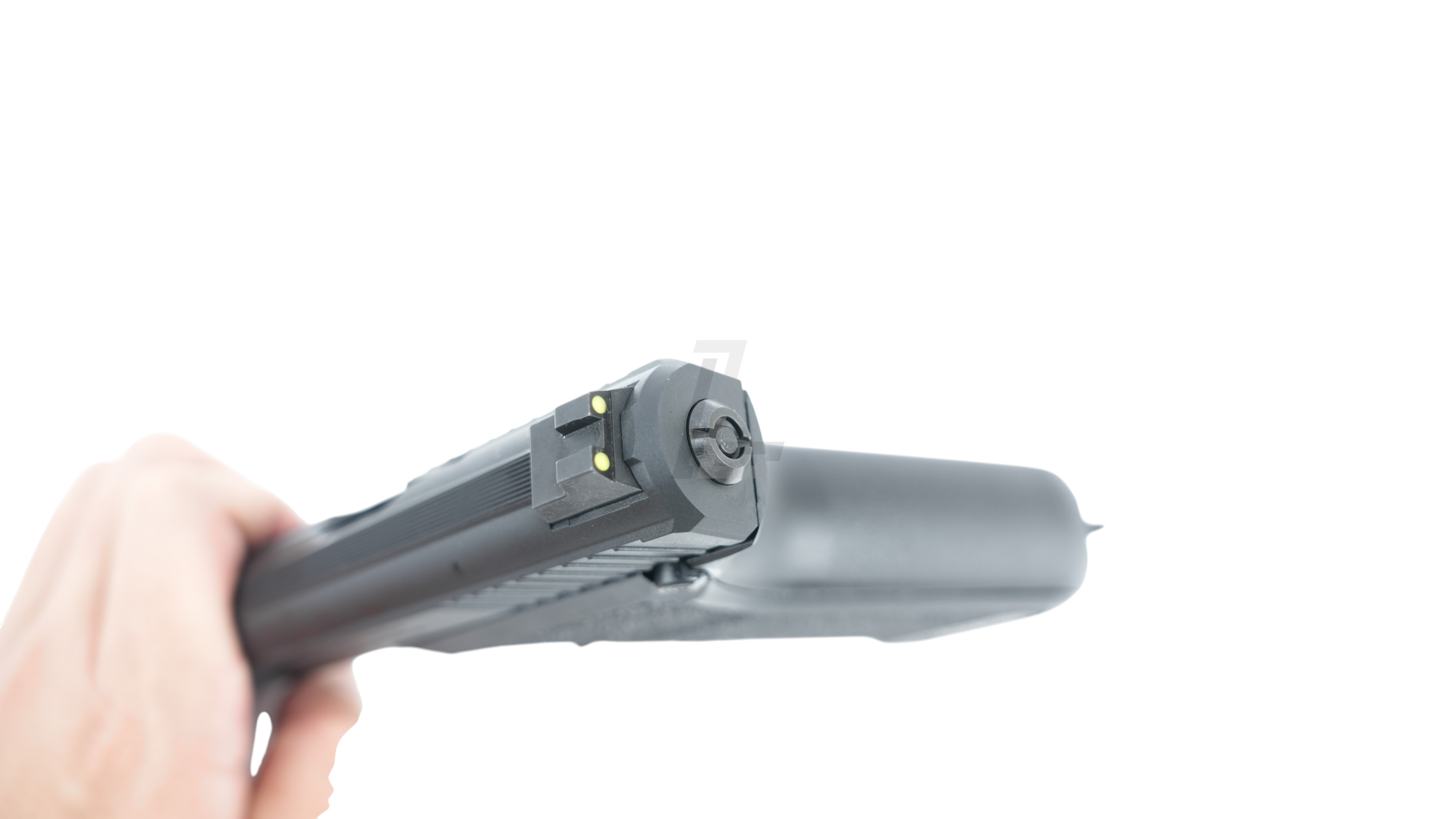 Landing Zone VFC Umarex P7M13 GBB airsoft pistol showing the rear sight with yellow dots held in a hand