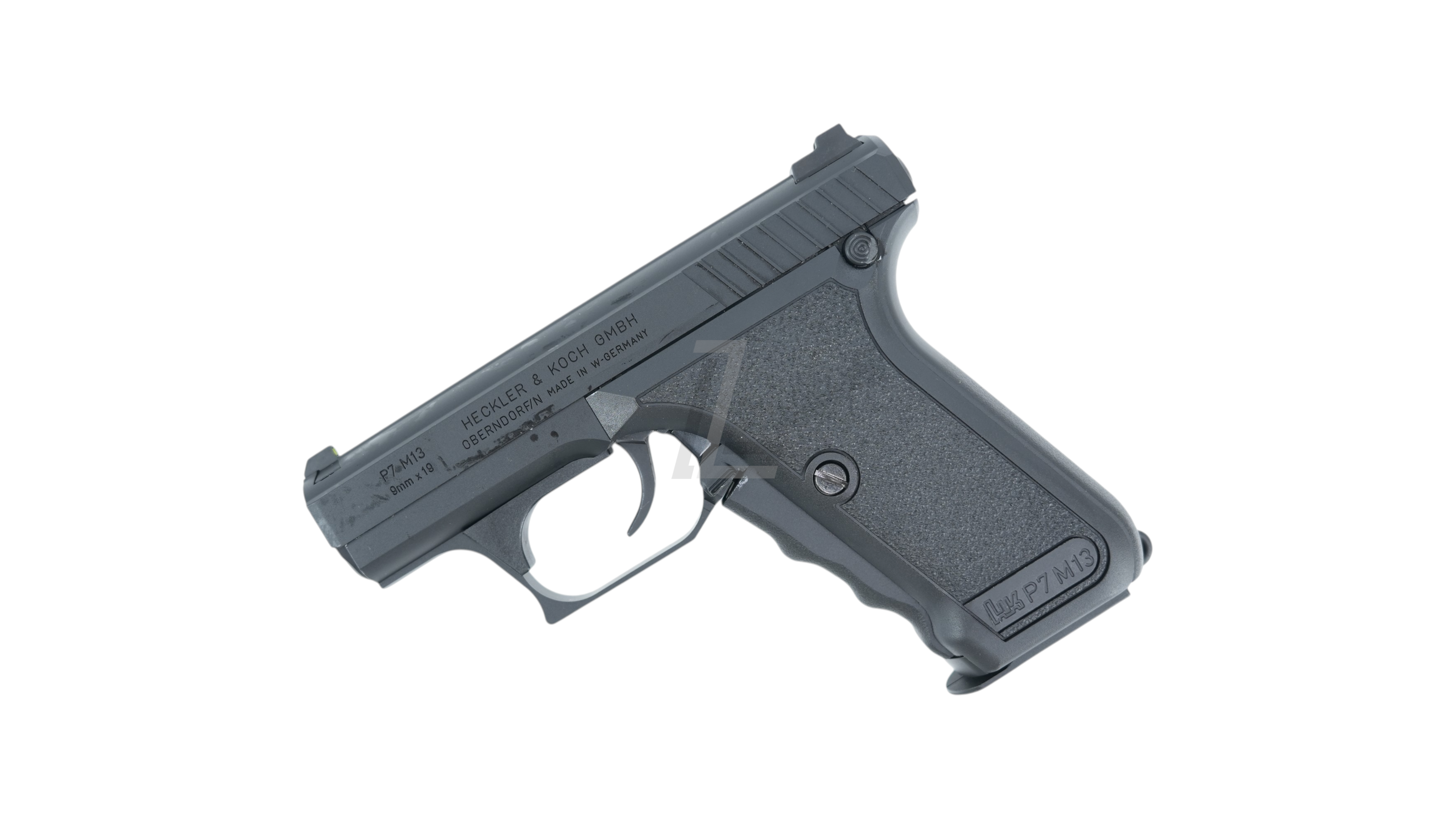Landing Zone VFC Umarex P7M13 gas blowback airsoft pistol in black with authentic markings and squeeze cocking lever