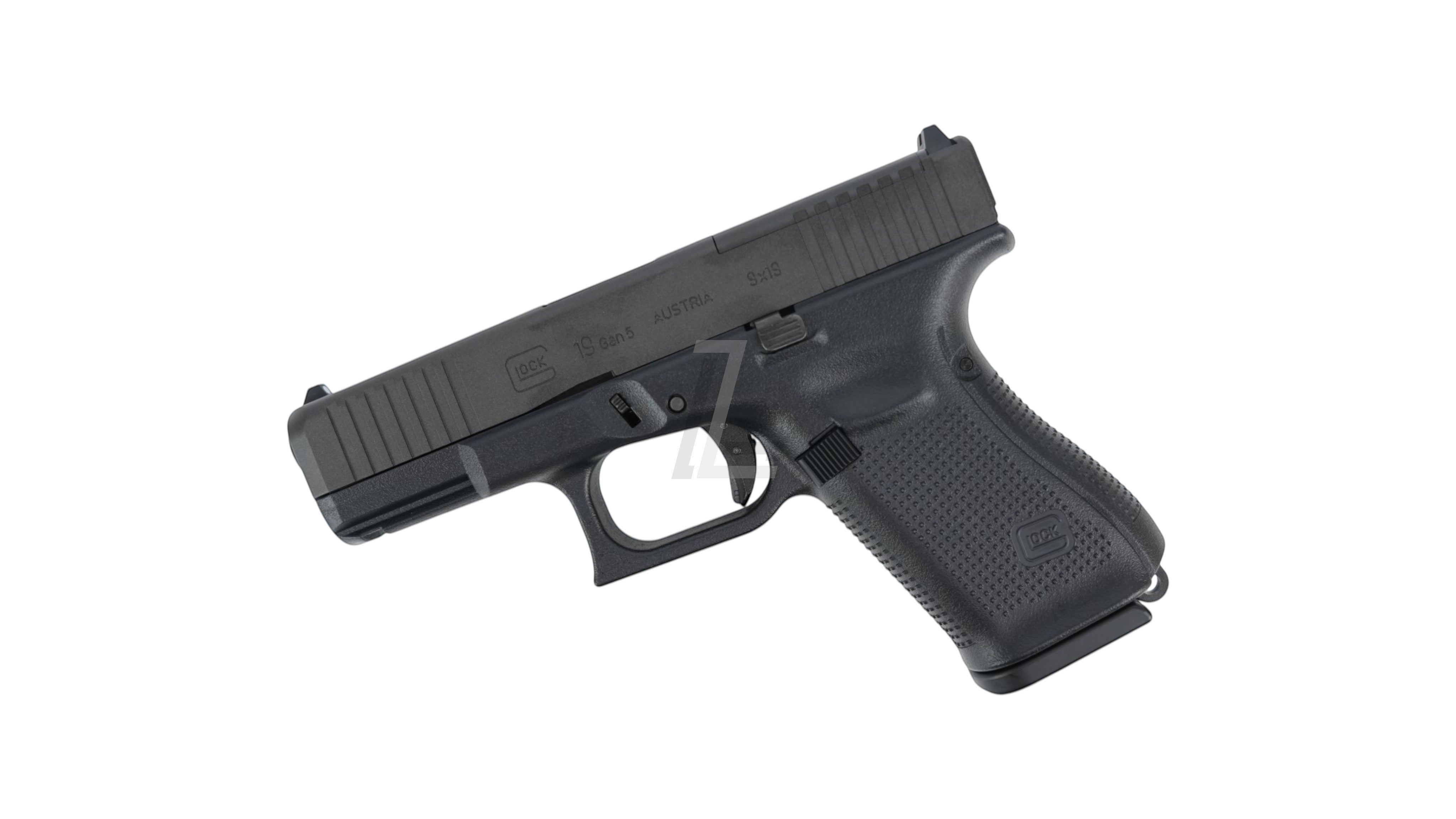Landing Zone Tokyo Marui G19 Gen5 MOS GBB pistol, black polymer and metal construction, with ambidextrous slide stop and modular optic system.