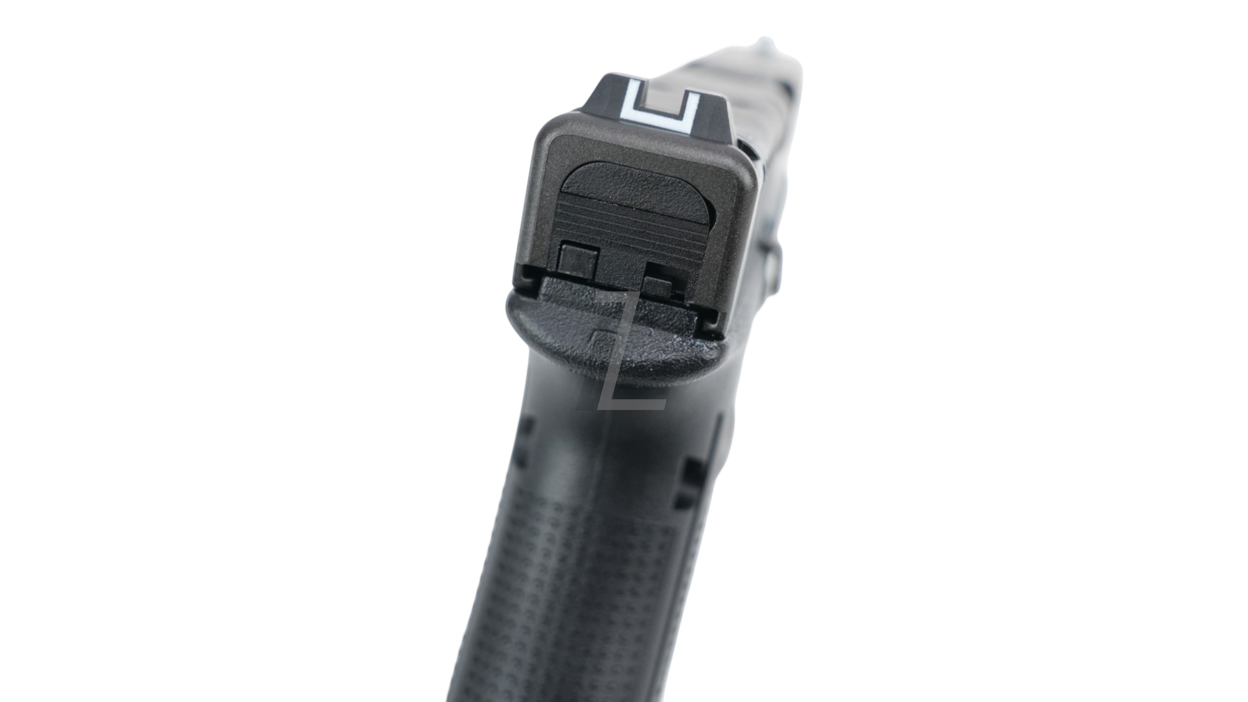 Landing Zone Tokyo Marui G19 Gen5 MOS GBB pistol, black polymer and metal construction, with white-lined rear sight.