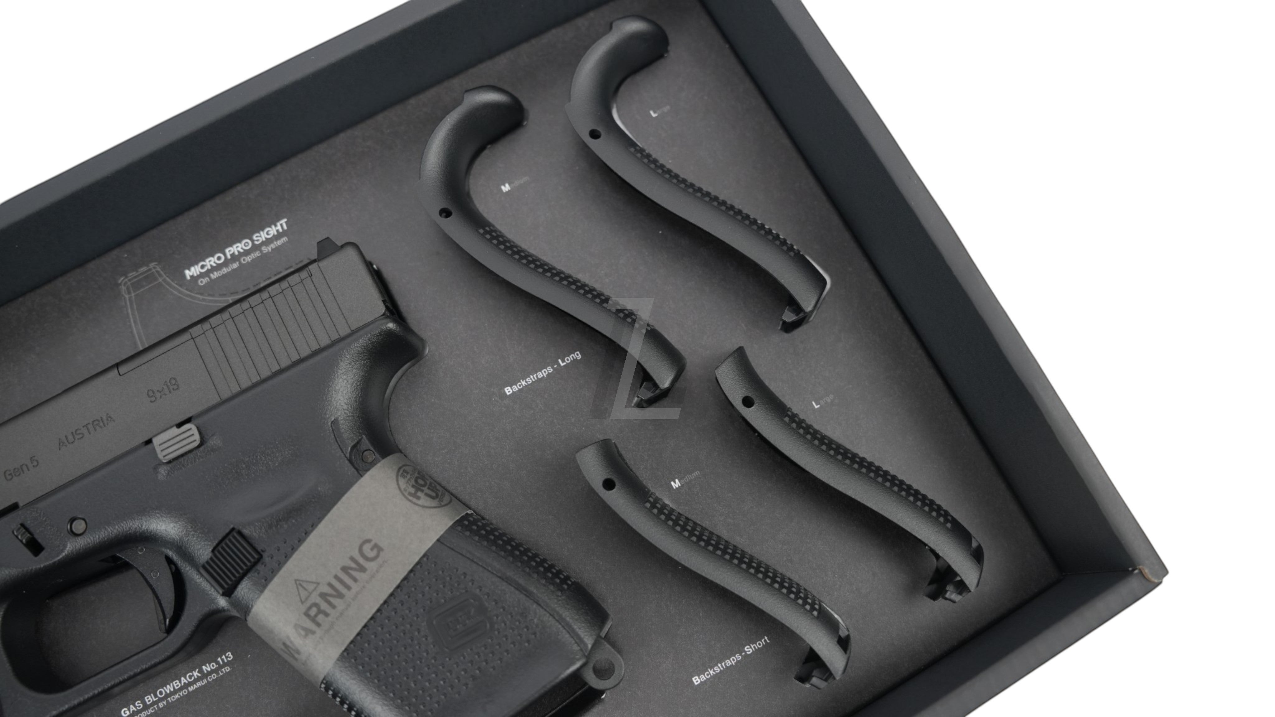 Landing Zone Tokyo Marui G19 Gen5 MOS gas blowback pistol with interchangeable backstraps in a black presentation box.