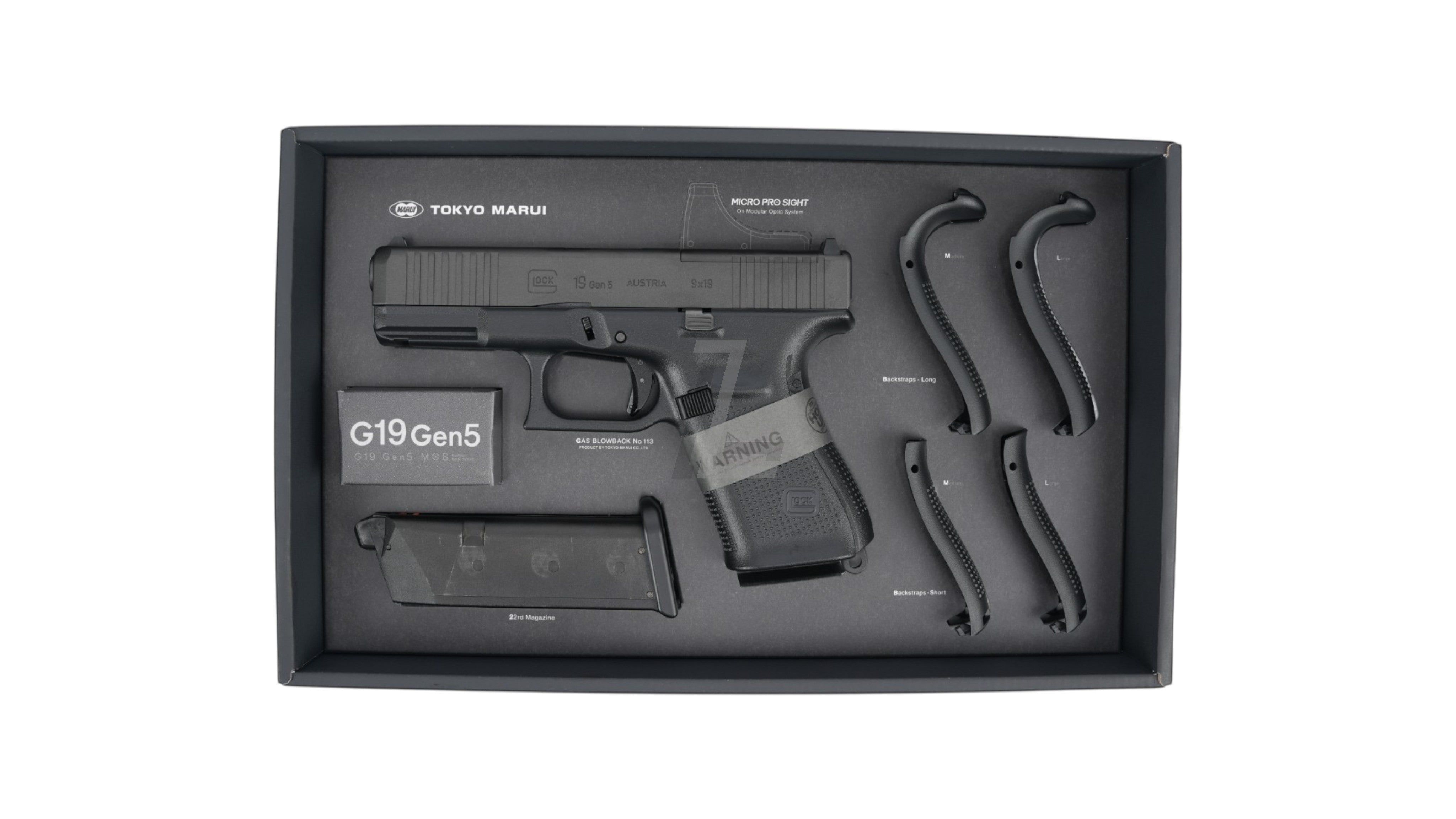 Landing Zone Tokyo Marui G19 Gen5 MOS GBB airsoft pistol in black, with magazine and interchangeable backstraps.