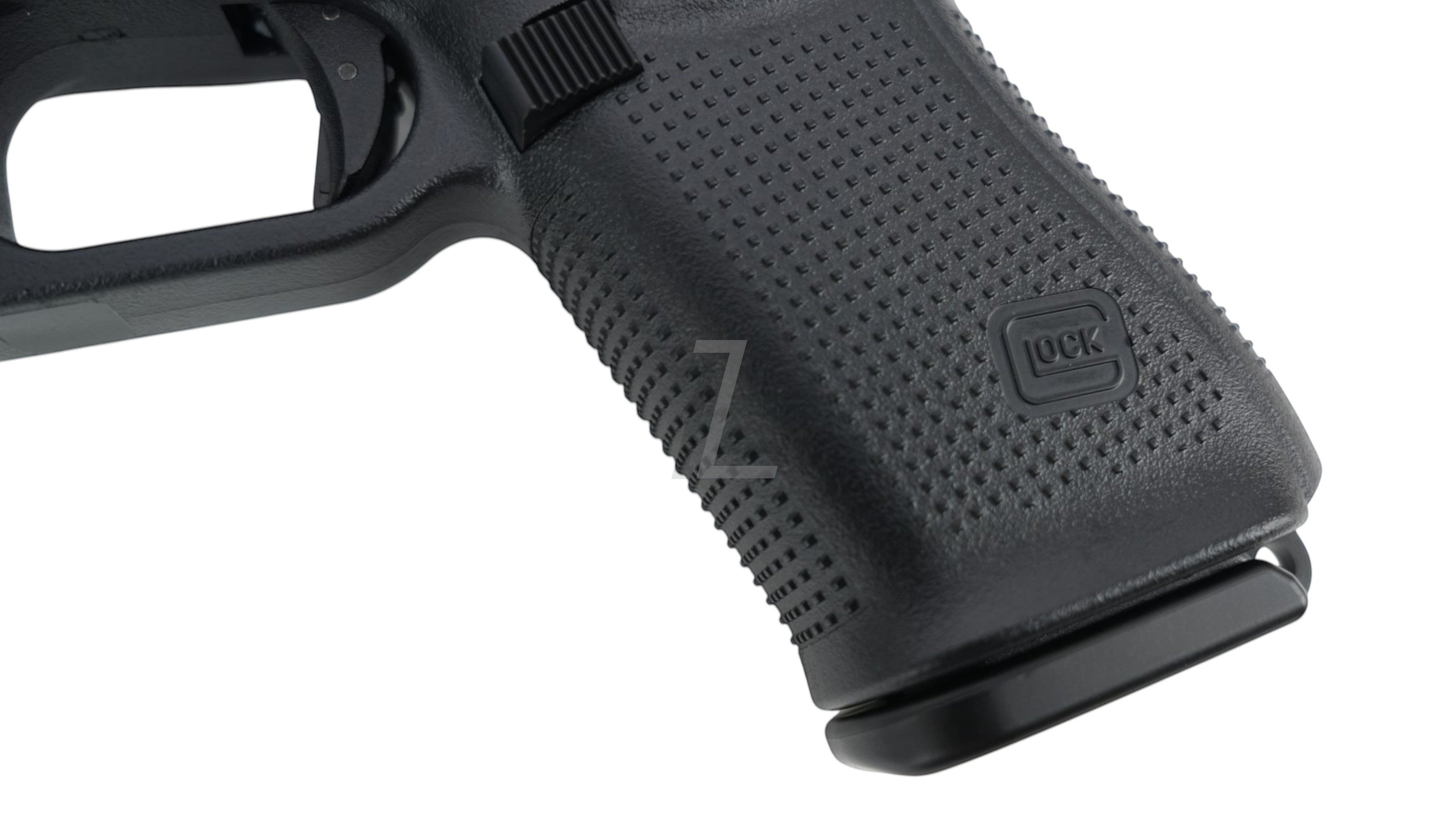 Landing Zone Tokyo Marui G19 Gen5 MOS GBB pistol, black polymer grip with textured surface and Glock logo.